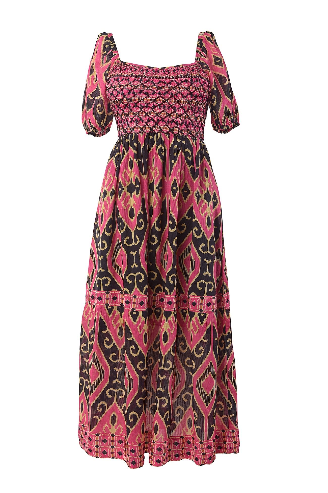 Women’s Pink / Purple / Black Merris - Pink & Black Midi Dress With Smocked Bodice Extra Small Ash & Eden