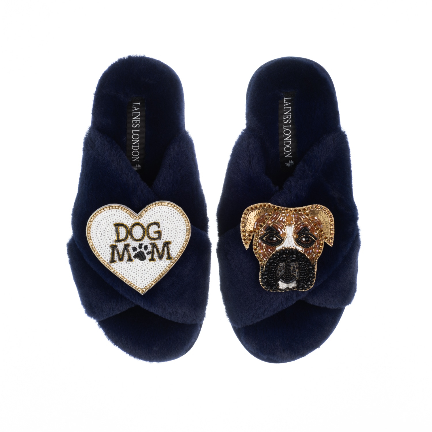 Women’s Blue Classic Laines Slippers With Pip The Boxer & Dog Mum / Mom Brooches - Navy Large Laines London