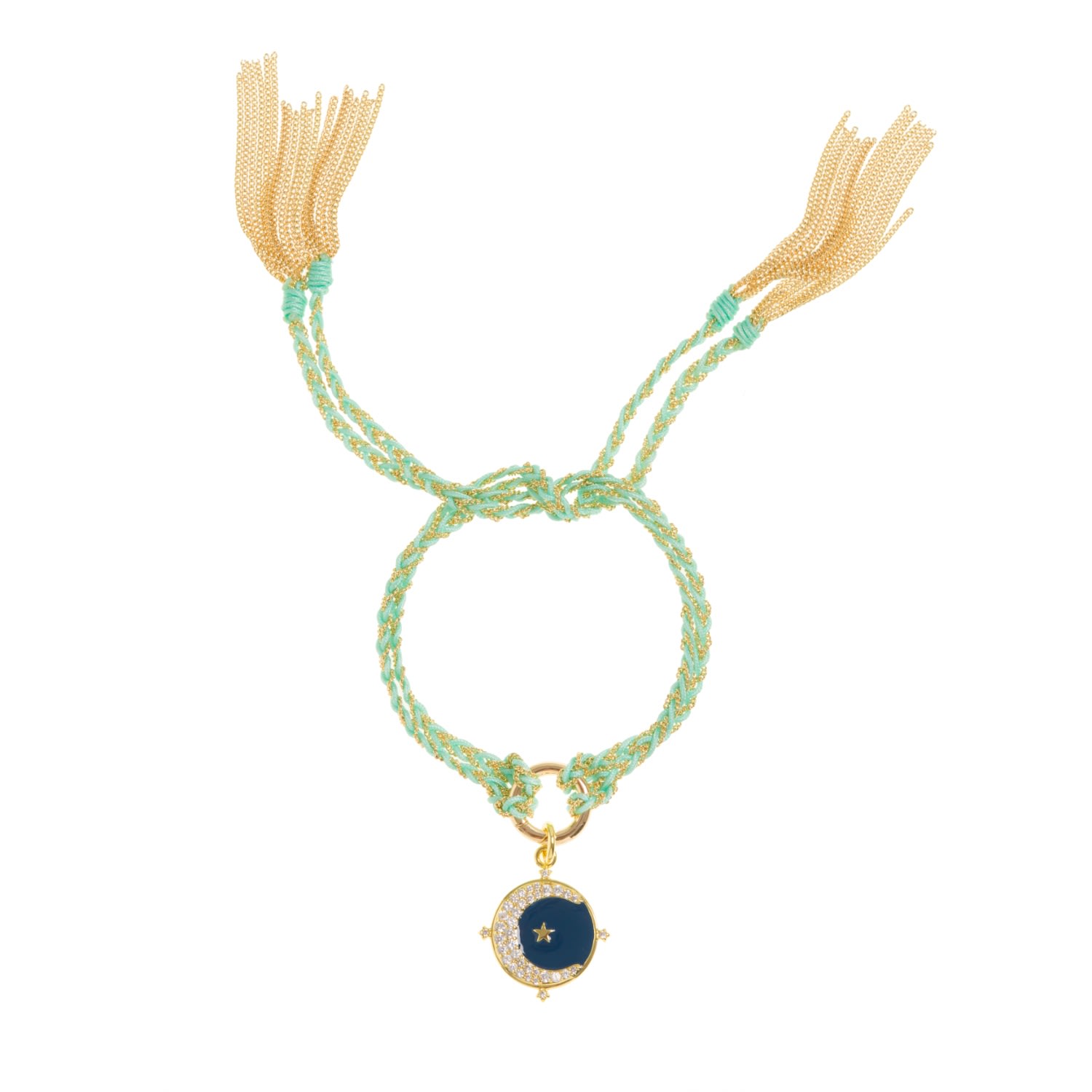 Women’s Gold / Blue Turquoise Silk And Gold Chain Moon And Star Friendship Bracelet Patroula Jewellery