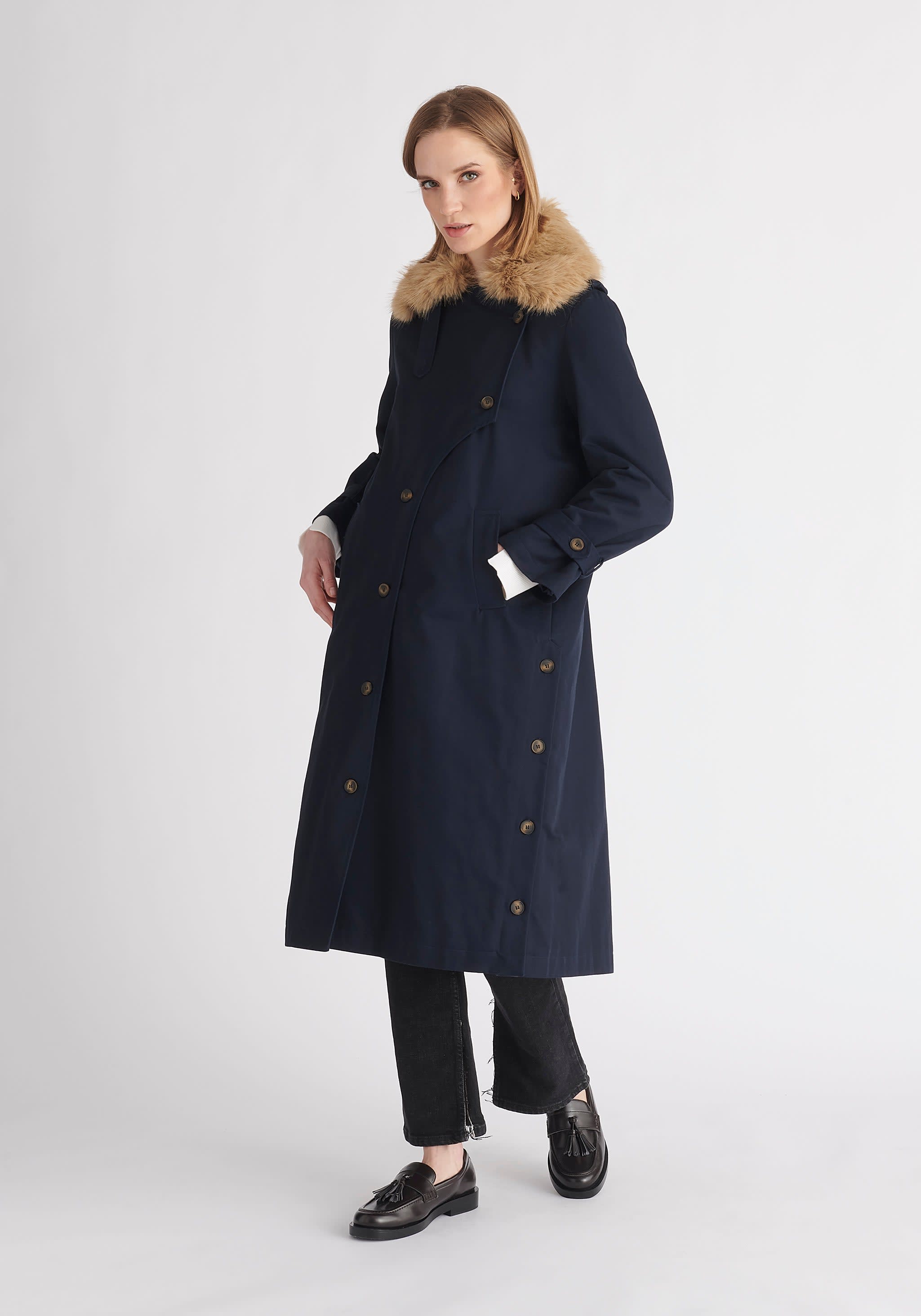 Navy coat with fur collar cheap