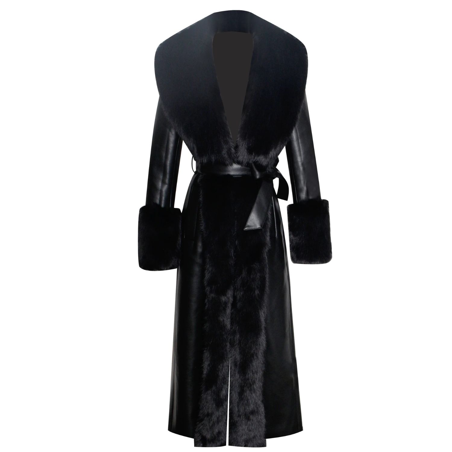 Miss Circle New York Women's Zaida Black Vegan Fur Trim Black Vegan Leather Coat In Black