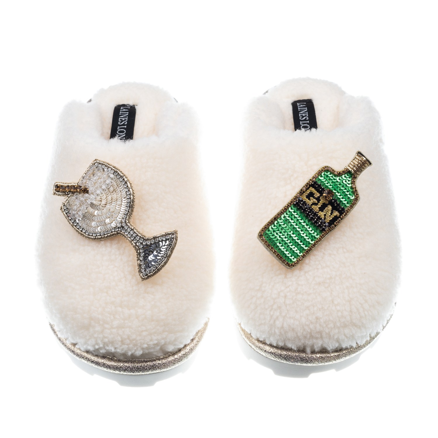 Laines London Women's White Teddy Closed Toe Slippers With Original Gin Brooches - Cream