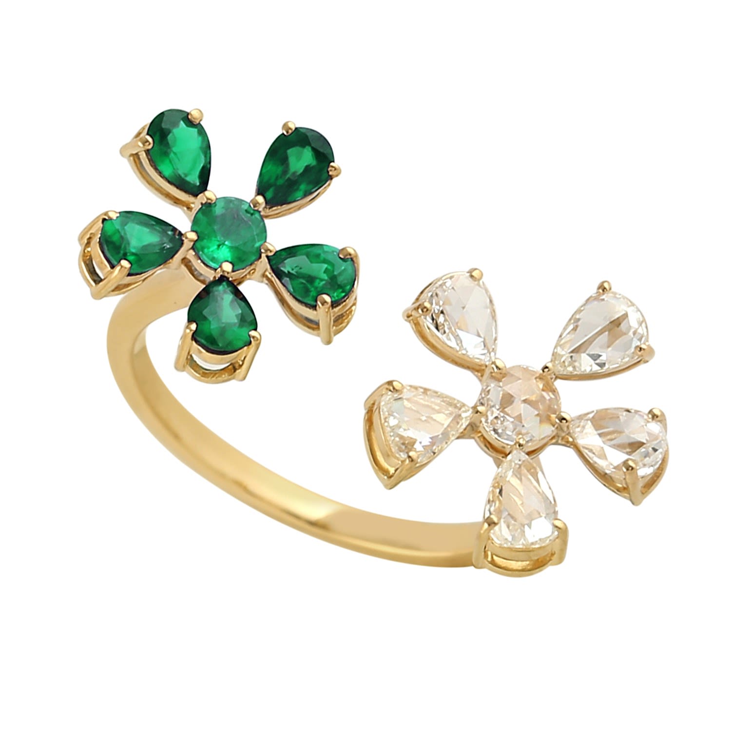Artisan Women's Gold / Green / White Designer Emerald & Rose-cut Diamond Bypass Ring In 18k Gold In Gold