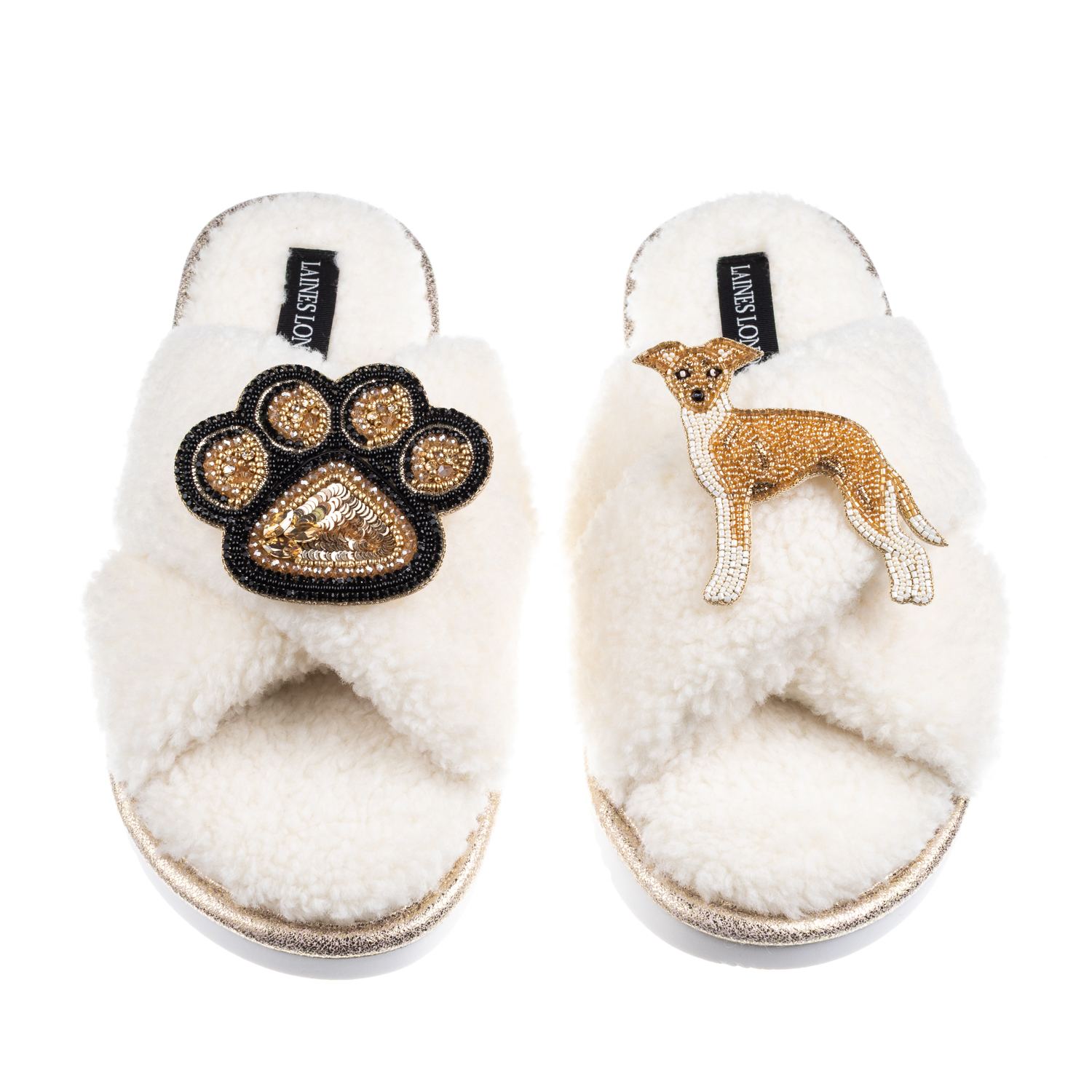 Laines London Women's Neutrals / White Boucle Slippers With Paw & Fawn & White Italian Greyhound Brooches - Cream In Multi