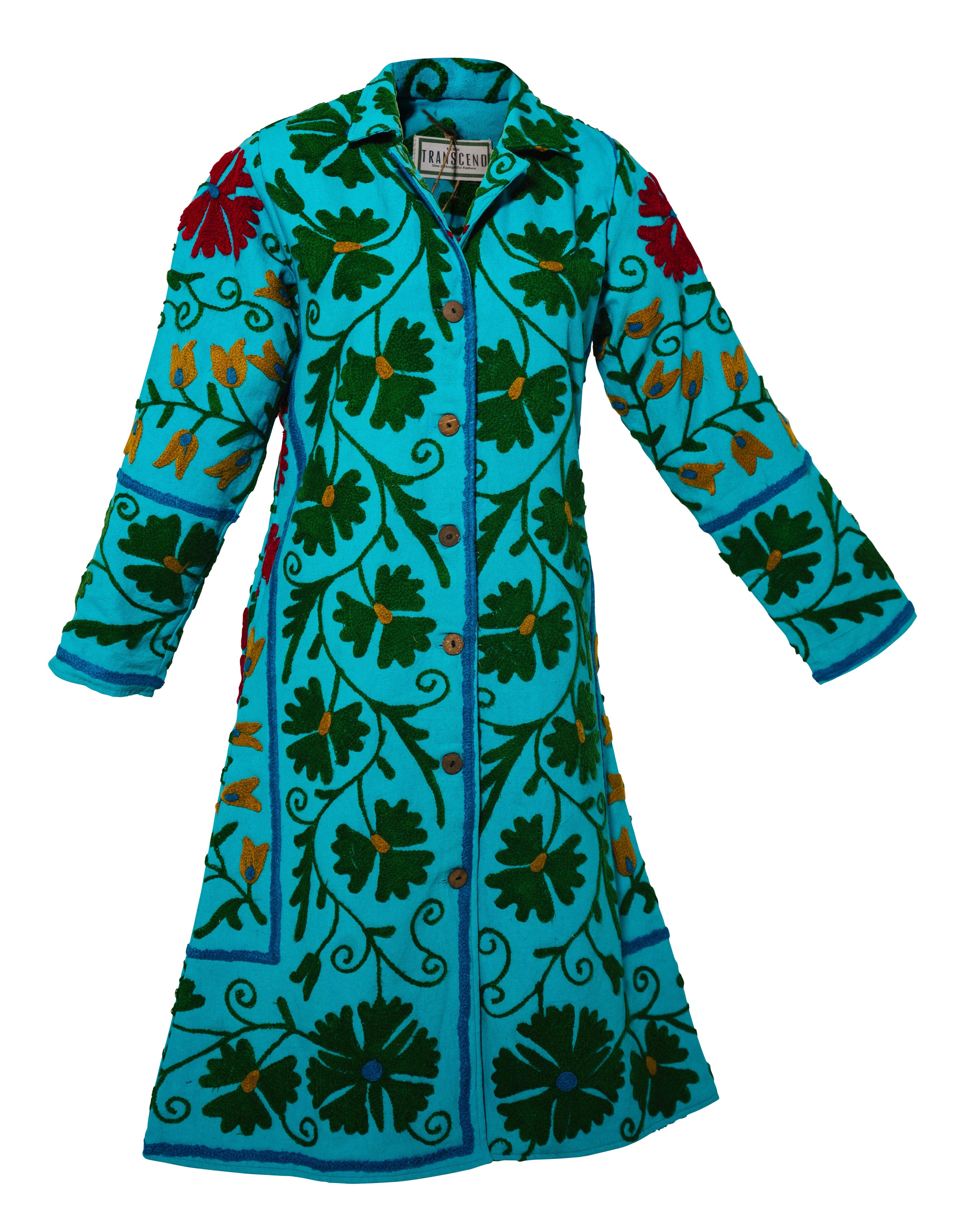 Transcend Women's Malika Coat - Suzani Embroidery Green On Turq Blue  Small In Blue
