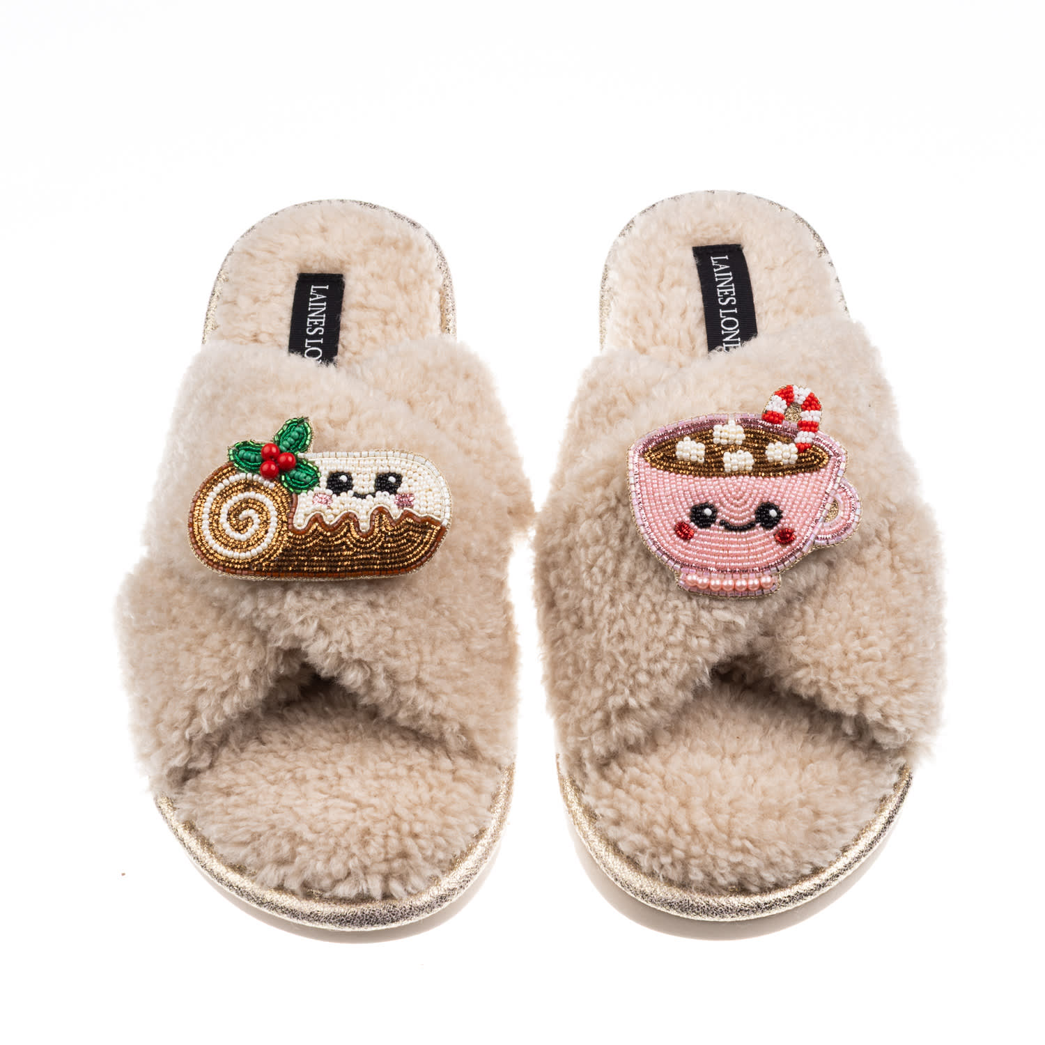 Laines London Women's Brown / Neutrals Laines Boucle Slippers With Christmas Lovable Yule Log & Hot Chocolate Broo In Brown