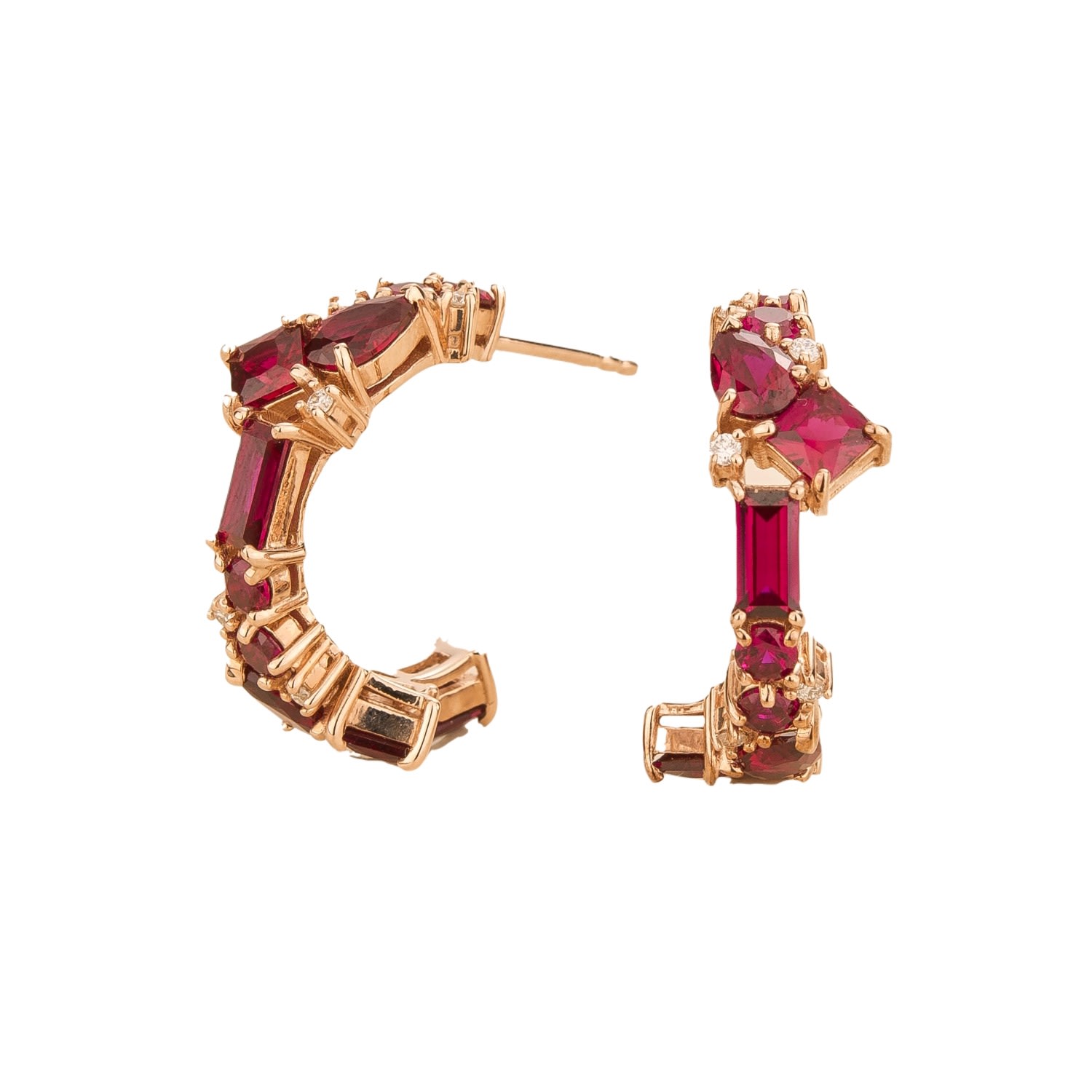 Juvetti Women's Rose Gold / Red Ruby & Diamond Medium Hoop Lanna Rose Gold Earrings