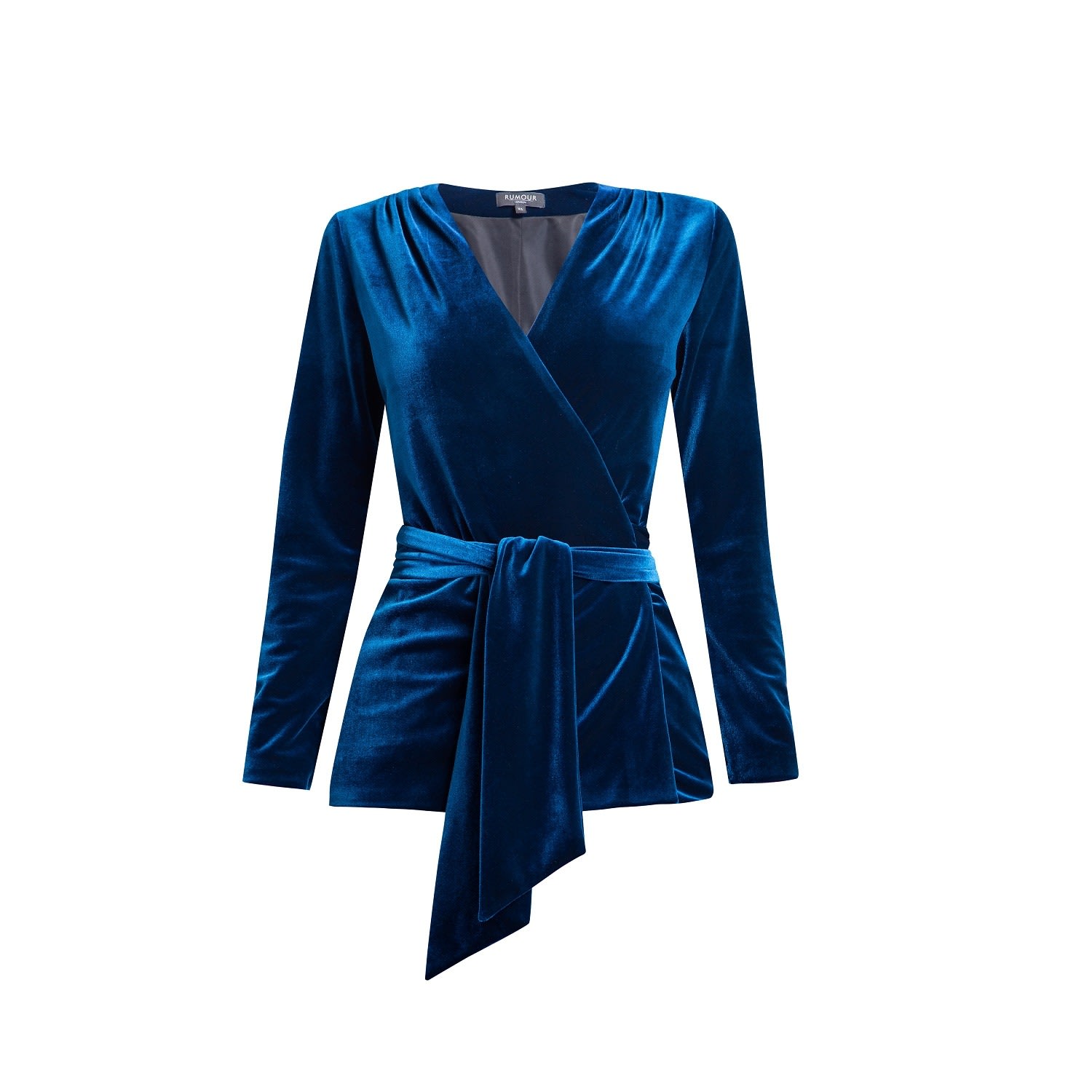 Women's Evelyn Velvet Wrap Jacket With Self-Tie Sash In Royal Blue | Large | Rumour London