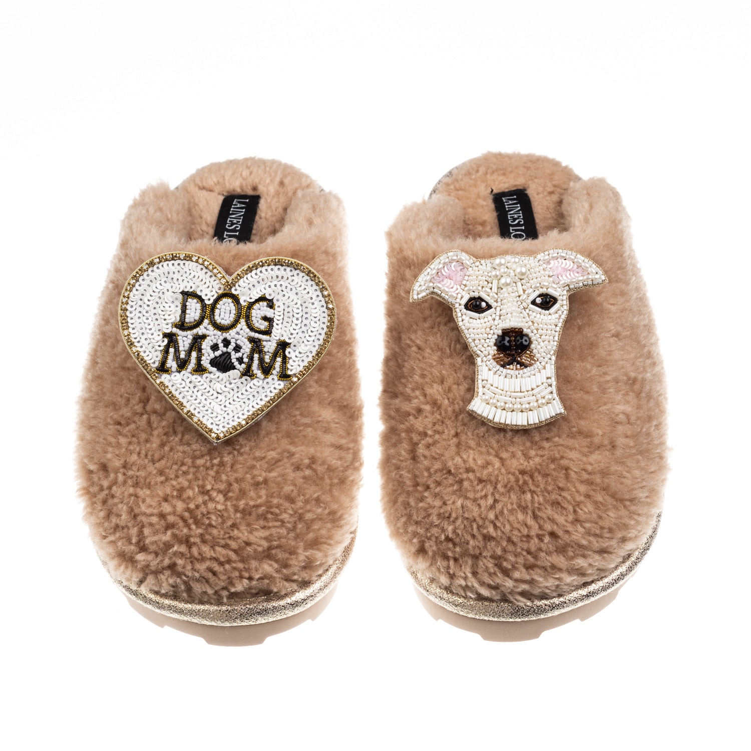 Laines London Women's Brown Teddy Closed Toe Slippers With Olive The Italian Greyhound & Dog Mum / Mom Brooches - In Brown