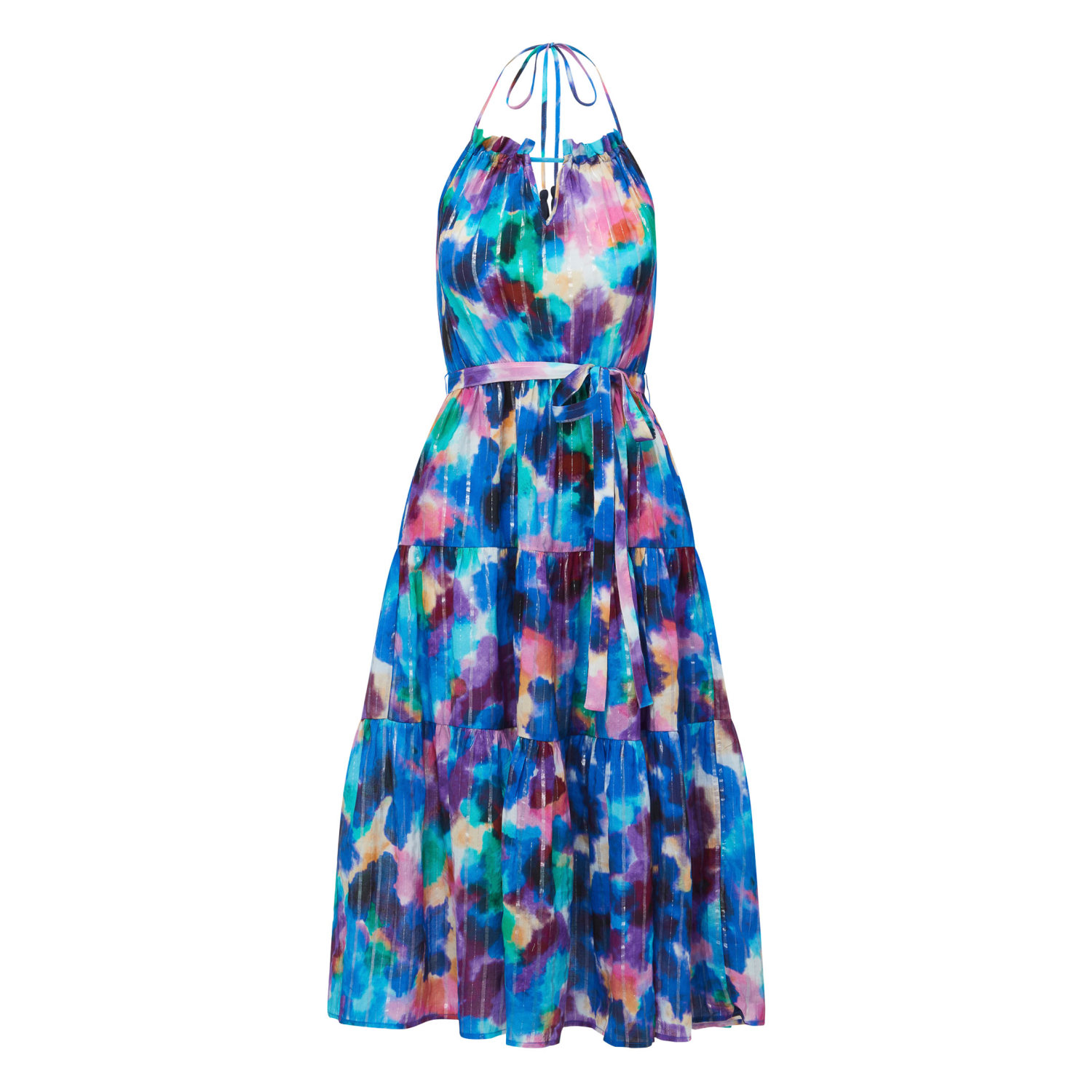 Change Of Scenery Women's Blue / Pink / Purple Abbie Tiered Halter Maxi Dress In Giverny Gardens Metallic Print In Blue/pink/purple