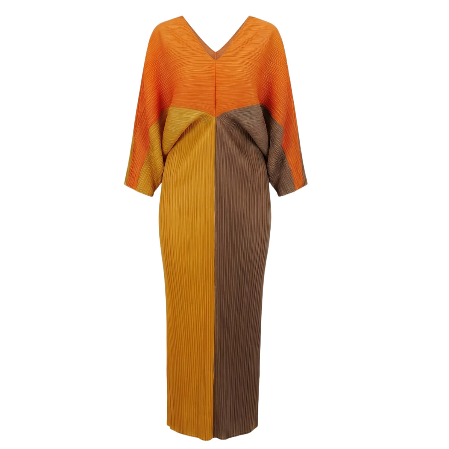 Cy Boutique Women's Orange Color Blocking Print Pleated Dress In Kimono Sleeves In Multi