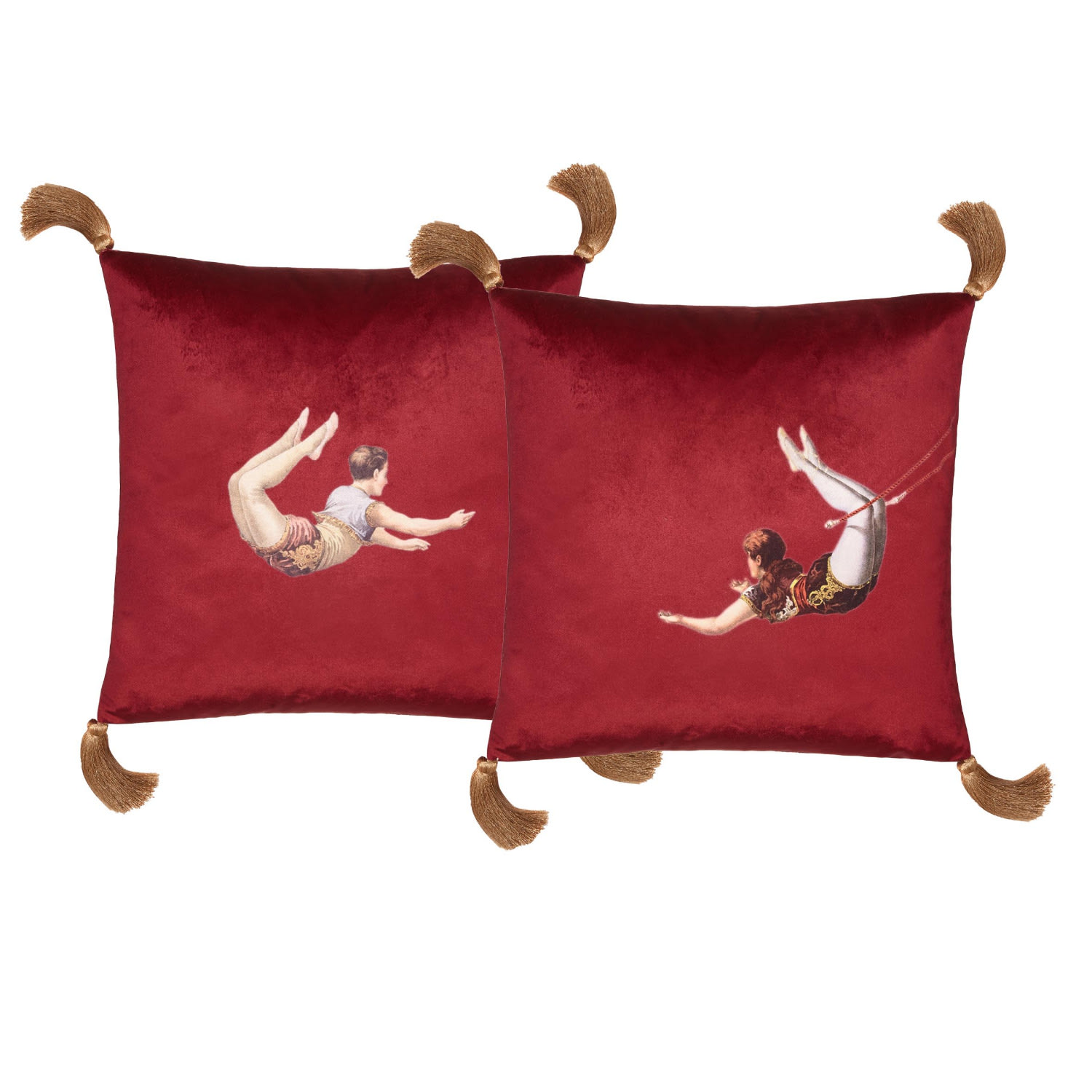 Gold / Red Trapeze Girl & Boy Set Of Two Velvet Cushions Deep Berry Red Melody Rose London