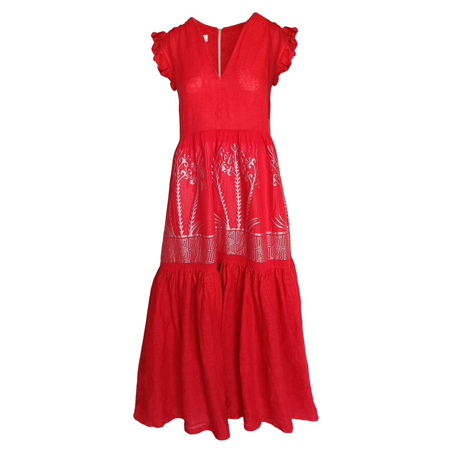 Haris Cotton Women's Embroidered Linen Maxi Dress With Frills On The Shoulders Red Silver In Red