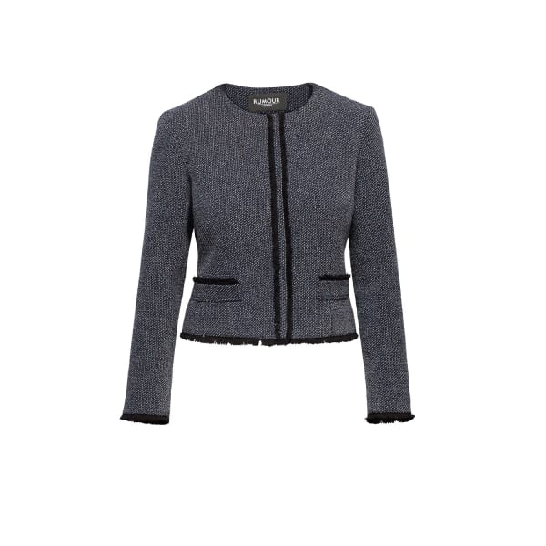 Rumour London Eleanor Navy And Cream Tweed Jacket With Fringing Detail In Tweed