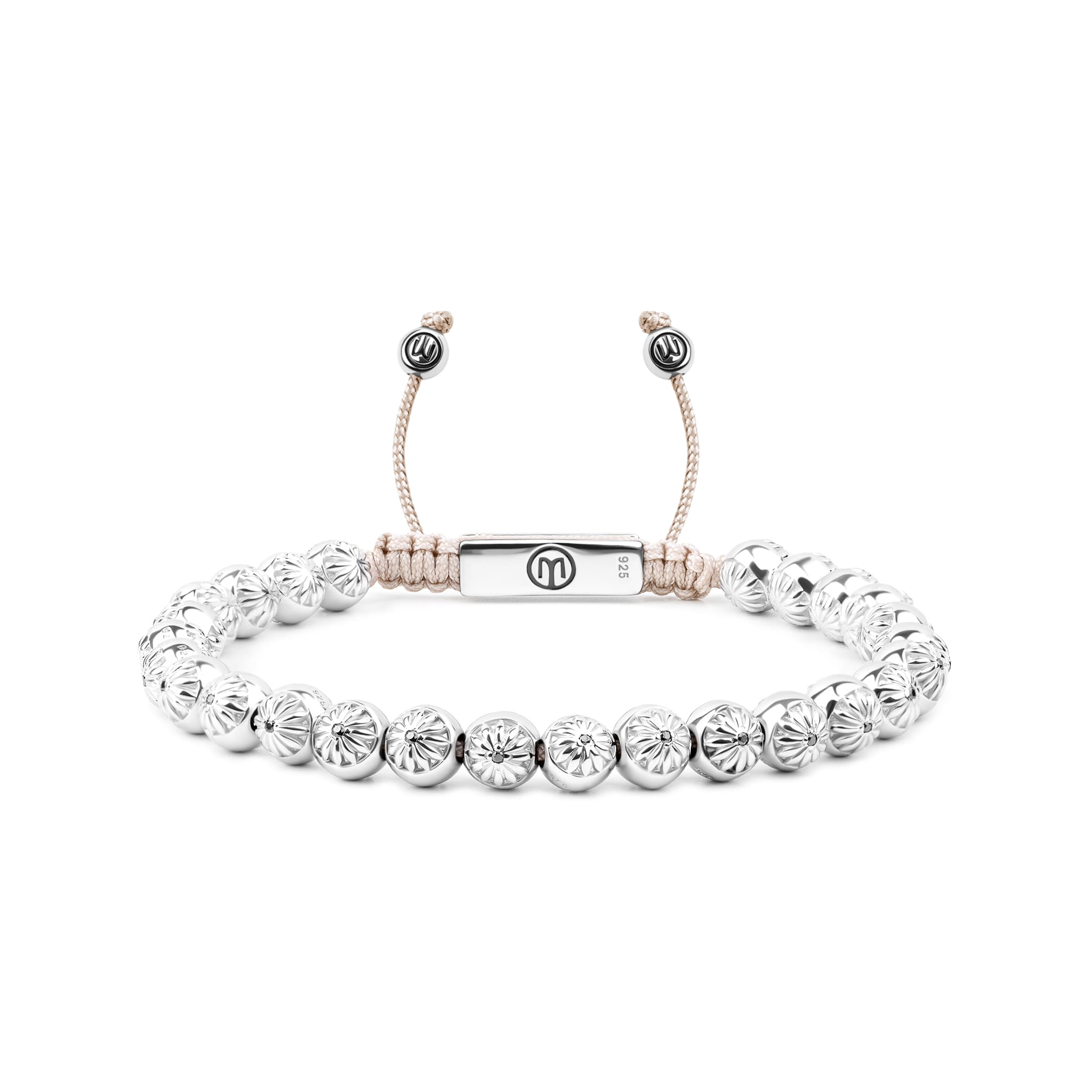 Mahigan Men's  Beaded Bracelet – Silver Beads With Black Moissanites On Beige String