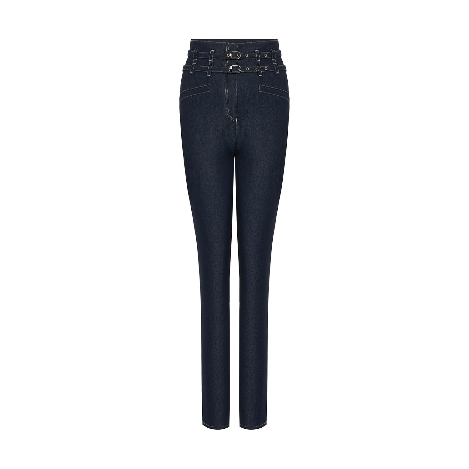 Rue Les Createurs Women's Blue Double Belt High-waisted Navy Denim Trousers In Blue