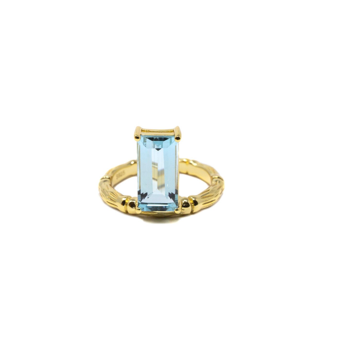 Nasi Silver Women's Floating Bamboo Baguette Gemstone Ring- Blue Topaz, Gold In Gold