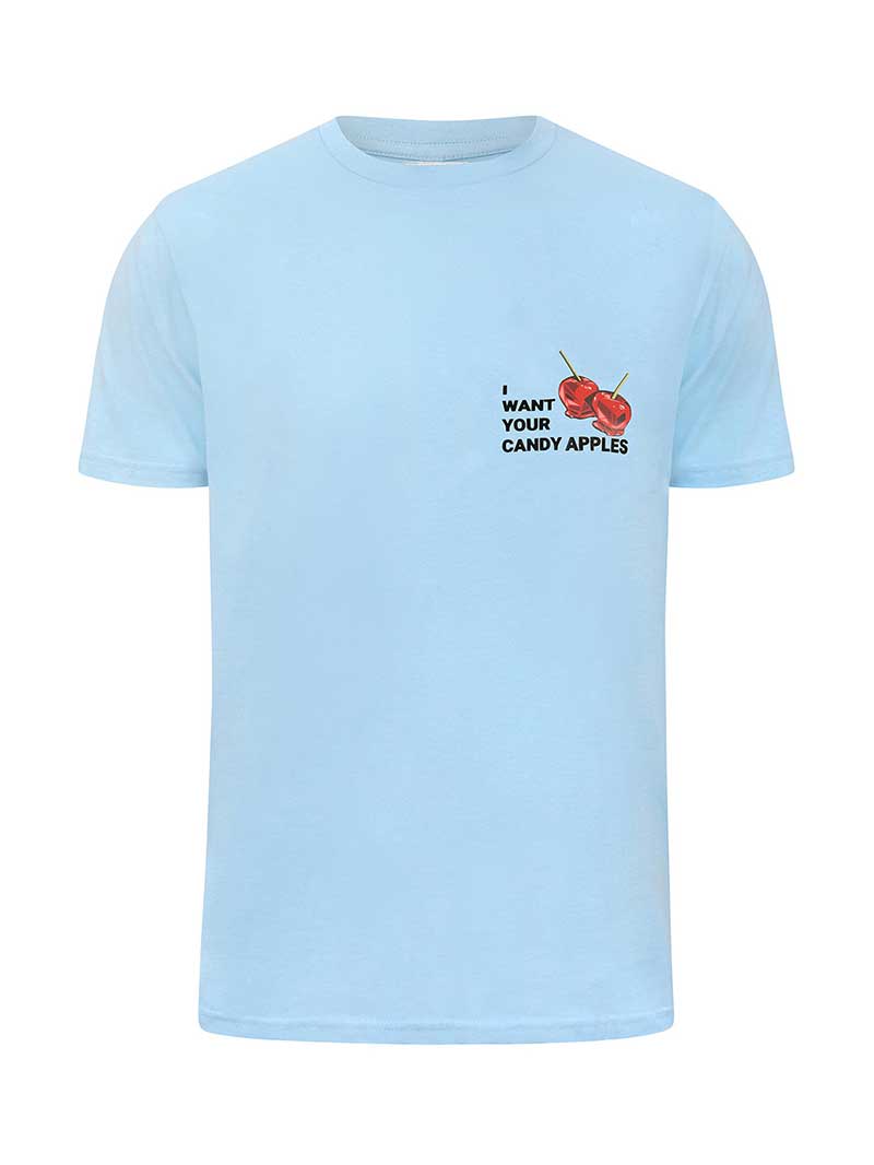 Blonde Gone Rogue Candy Apple Graphic Print Mens Organic Cotton T-shirt In Light Blue