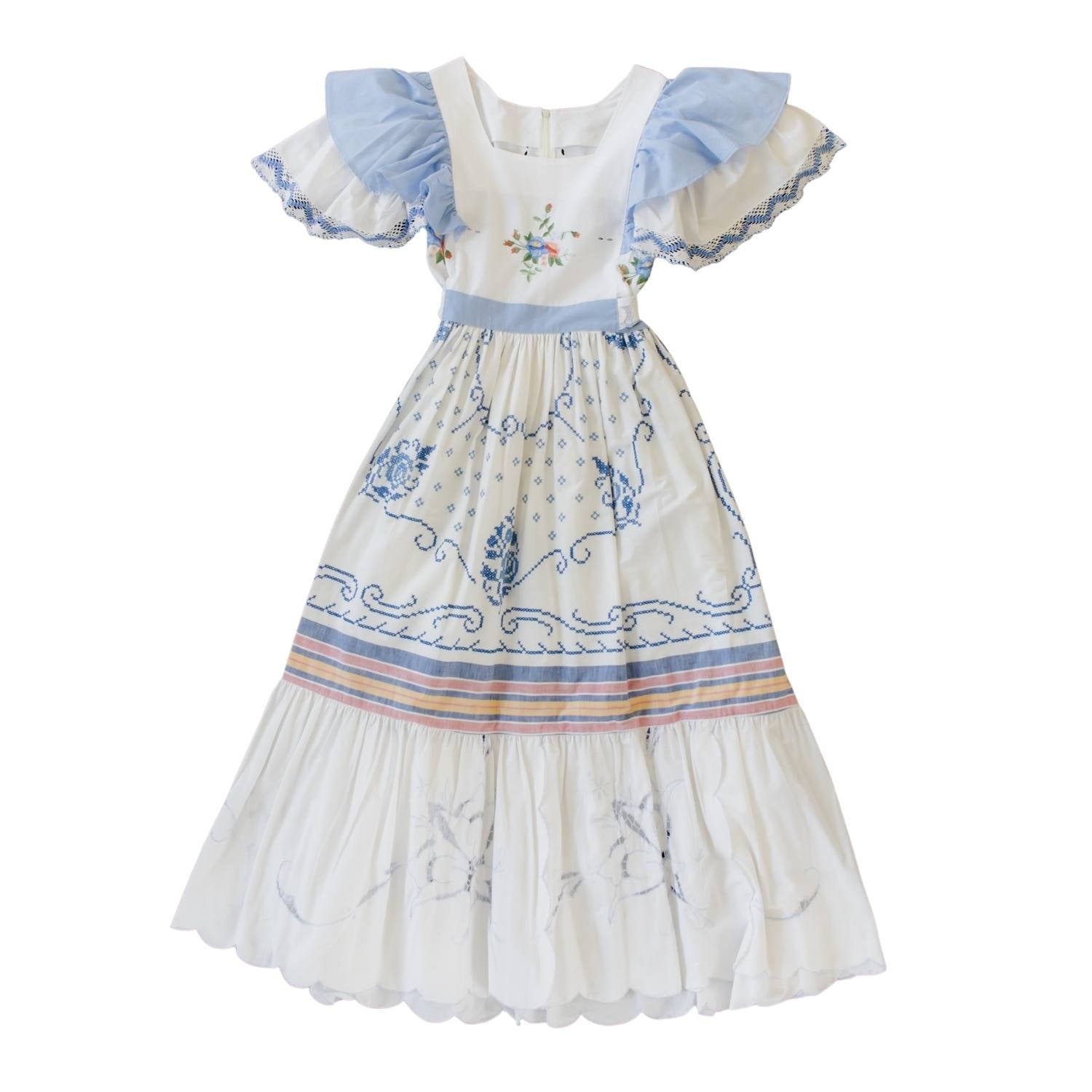 Sugar Cream Vintage Women's Upcycled Vintage Floral Embroidered Maxi Dress With Lace Detailed Sleeves In Blue/white