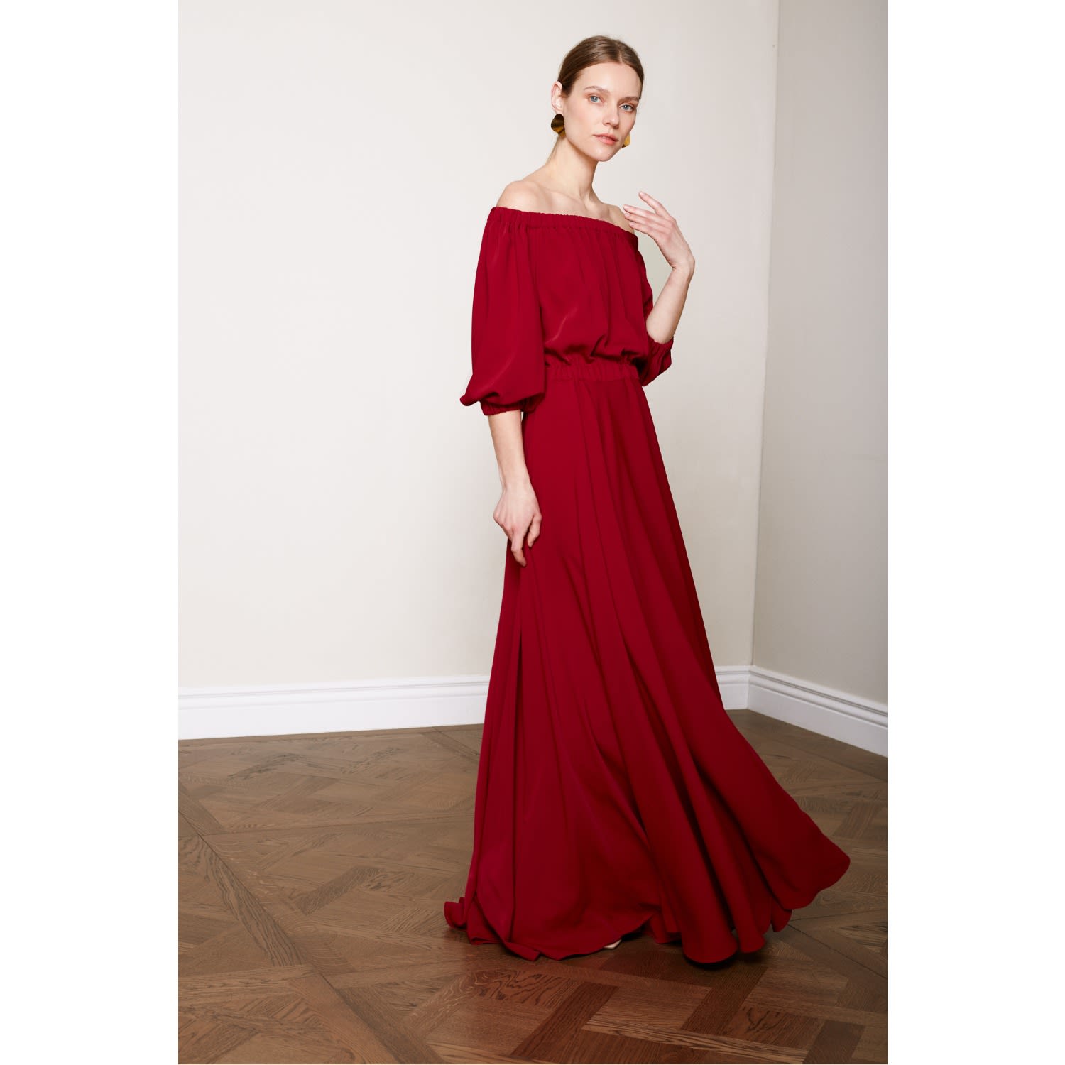 off shoulder maxi evening dress