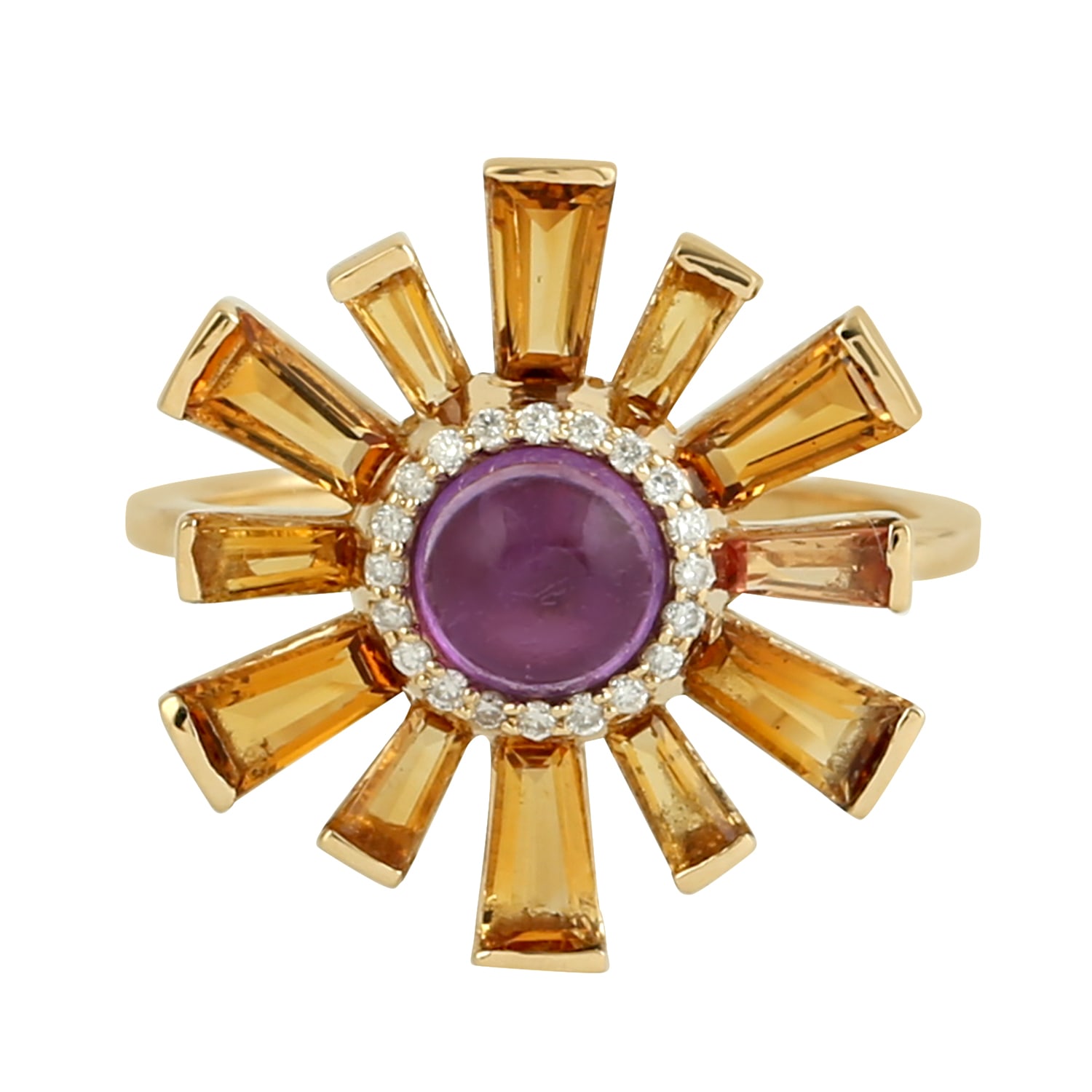 Women’s Yellow / Orange / Gold 18K Solid Gold In Tapered Baguette Citrine & Amethyst Pave Diamond Cocktail Ring Artisan