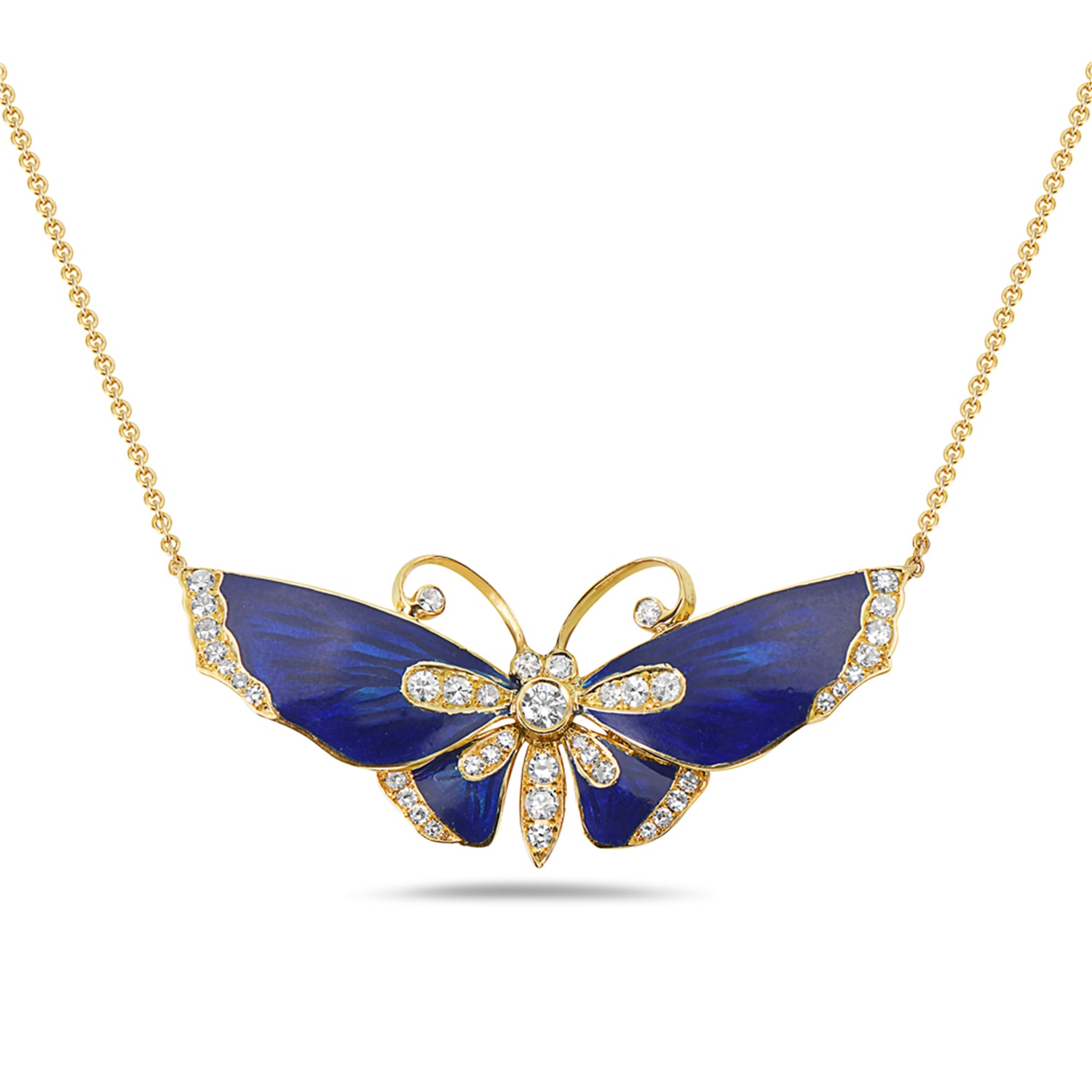 Artisan Women's Gold / White / Blue Butterfly Pendant Necklace In 18k Yellow Gold With Enamel & Pave Diamond In Multi