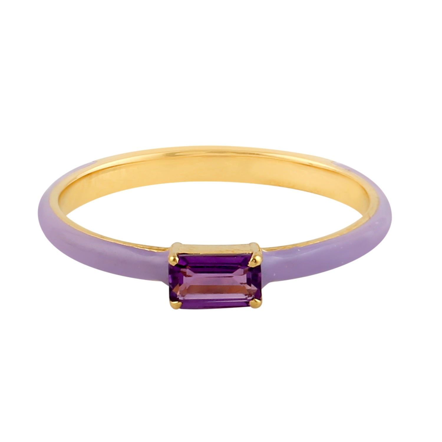 Artisan Women's Pink / Purple / Yellow Gold Enamel Band Ring Baguette Amethyst Gemstone