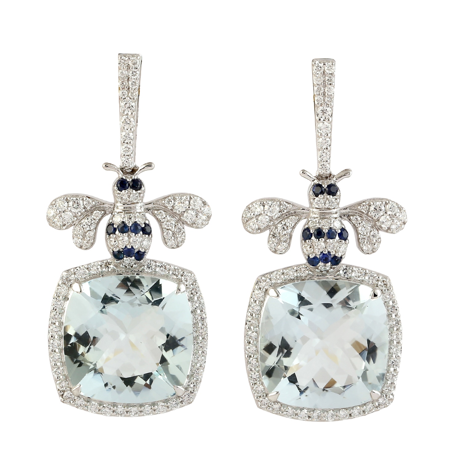 Women’s White / Blue Cushion Cut Aquamarine & Blue Sapphire Pave Diamond In 18K White Gold Bee Design Earrings Artisan