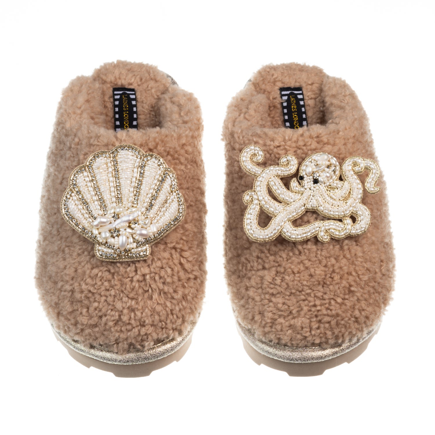 Laines London Women's Brown Teddy Closed Toe Slippers With Pearl Beaded Octopus & Shell Brooches - Toffee In Multi