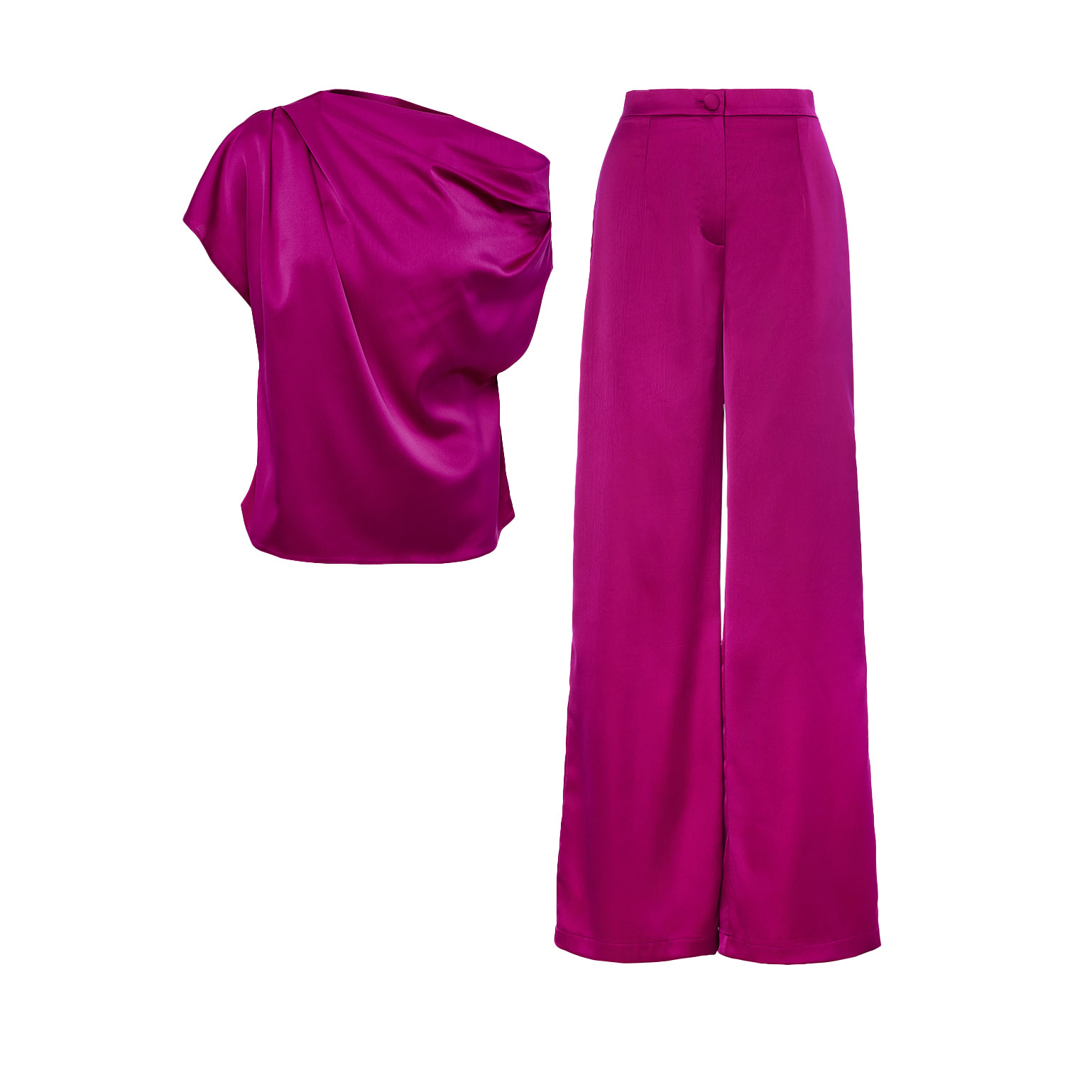 Bluzat Pink / Purple Fuchsia Set With Asymmetrical Draped Top And Wide Leg Trousers In Pink/purple