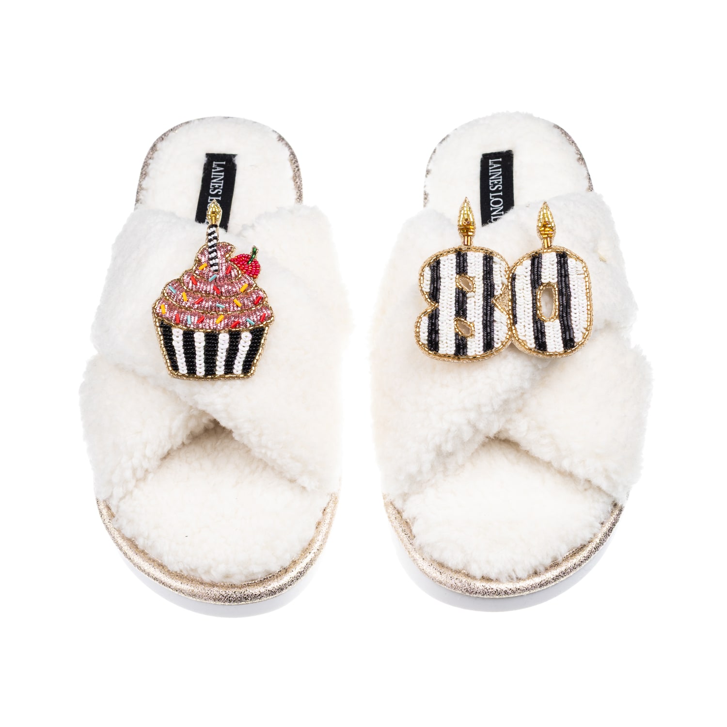 Laines London Women's Neutrals / White Laines Neutral Boucle Slippers With Stripe 80th Birthday & Cake Brooches - 