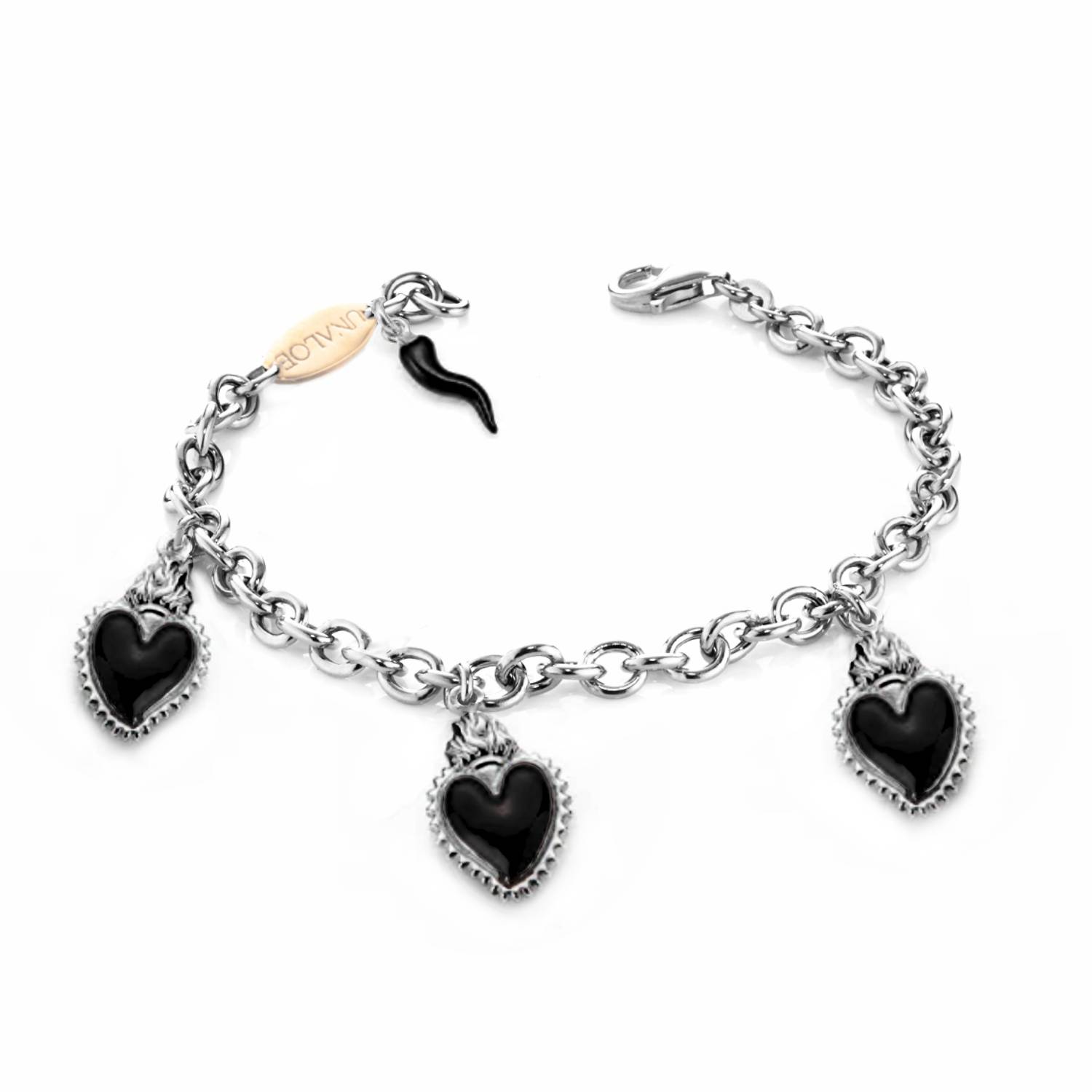 Unaloe Women's Silver / Black Silver Bracelet With Three Black Heart Pendants And Horn