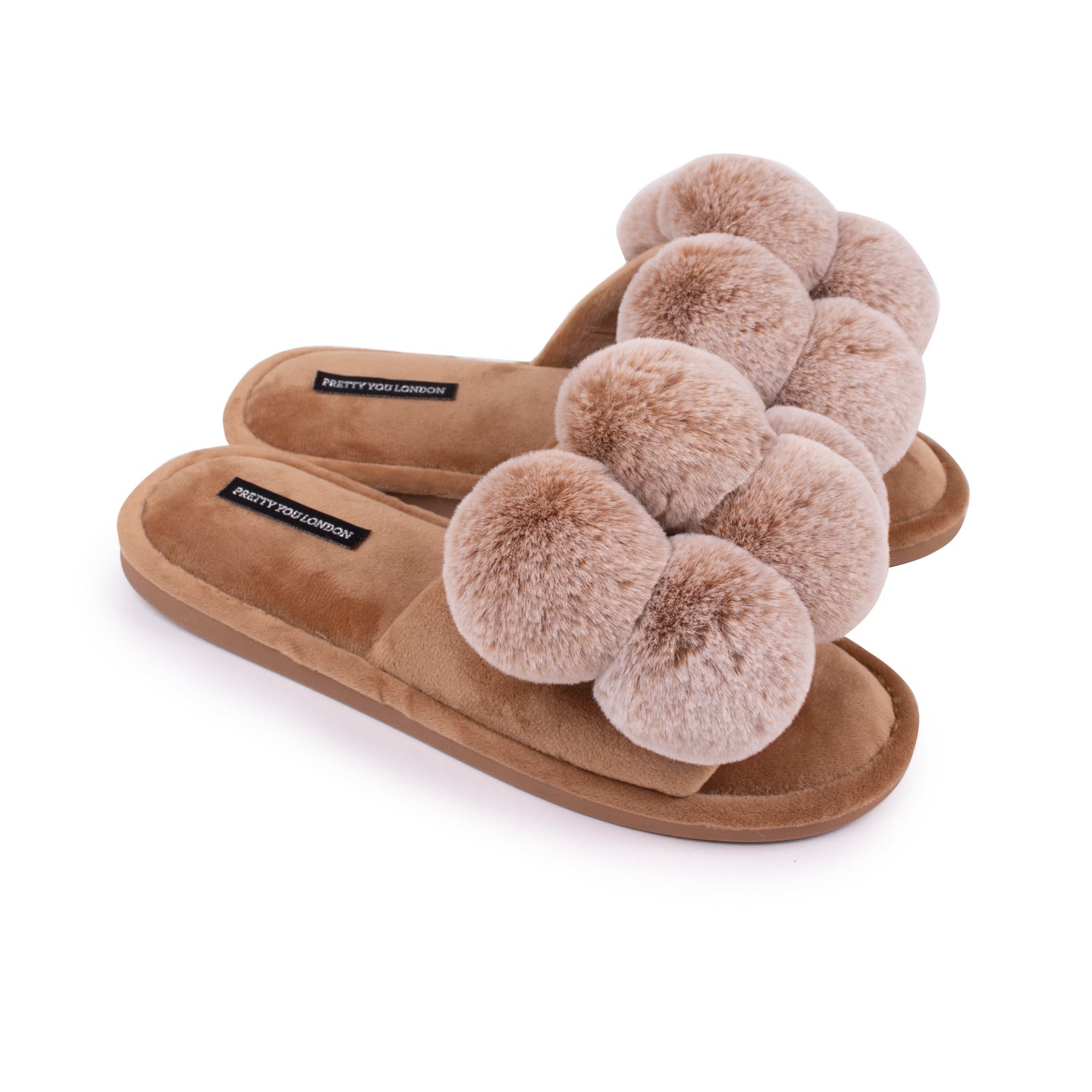 Pretty You Women's Brown Dolly Fun Pom Slider Slippers In Caramel In Brown