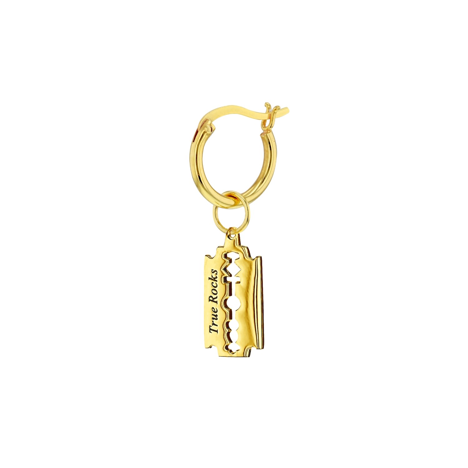 True Rocks Women's 18kt Gold Plated Mini Razorblade Charm On Gold Hoop