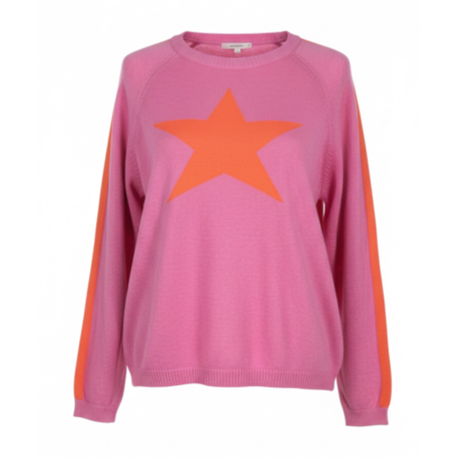 At Last... Women's Cashmere Mix Sweater In Bubblegum Pink With Orange Star & Armstripe