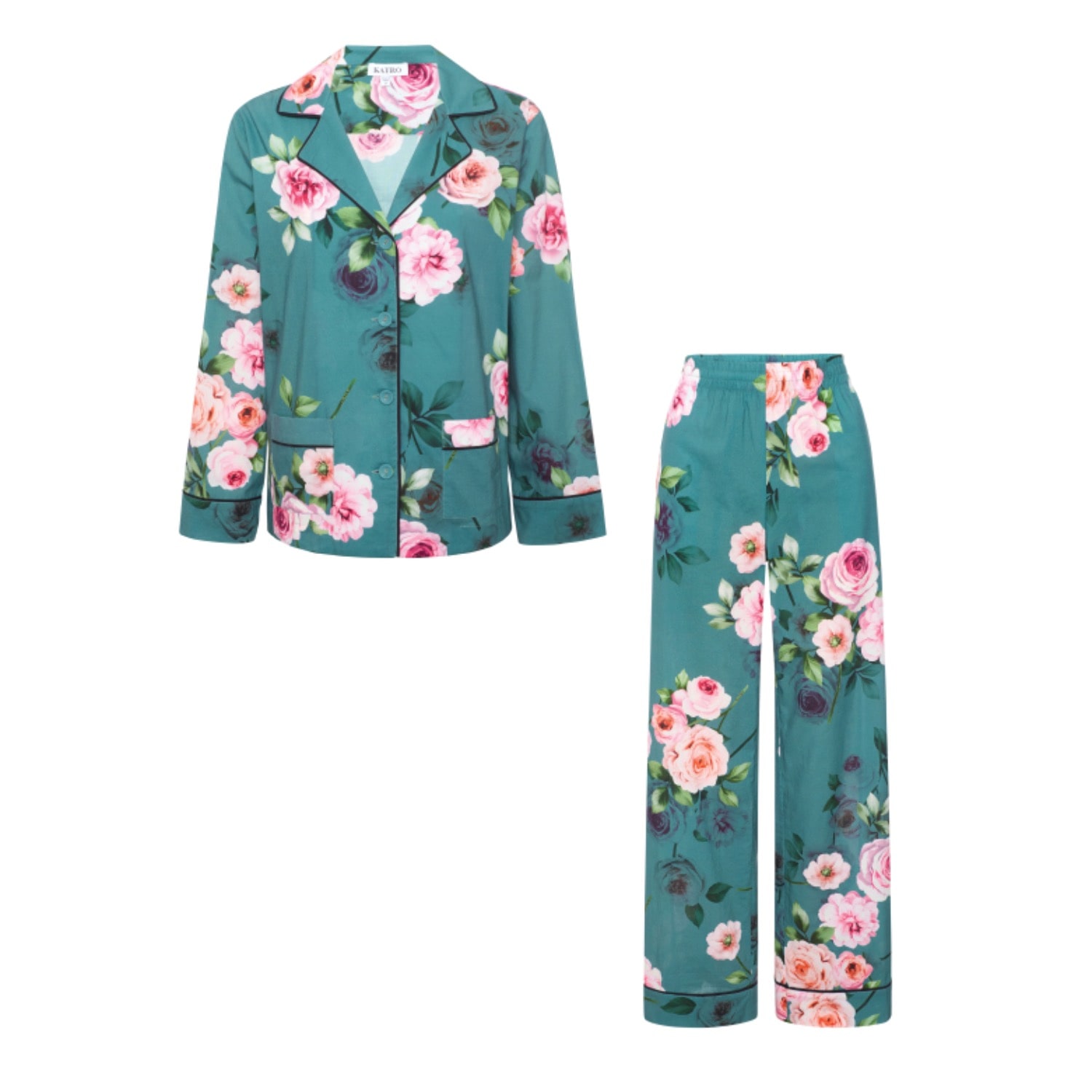 Katro Women's Colony Cabbage Rose Green Cotton Pajamas In Green