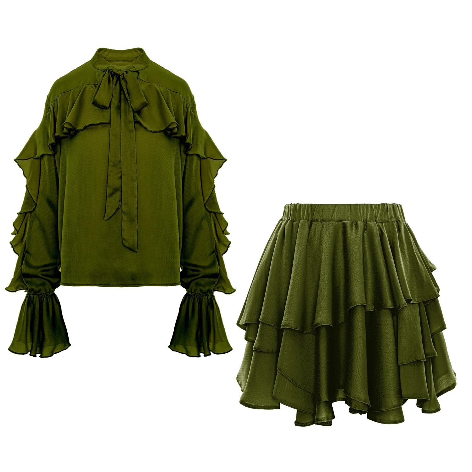 Bluzat Green Olive Set With V Neck Shirt & Ruffle Skirt In Green