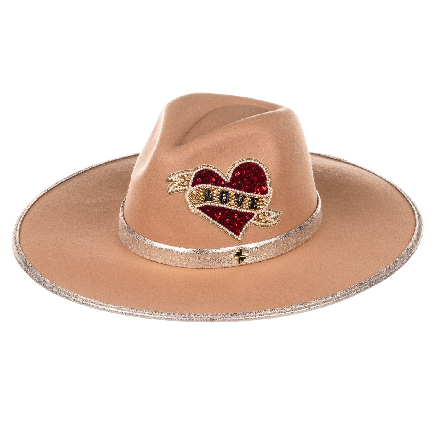 Women’s Neutrals Laines London Camel Couture Fedora Hat With Embellished Red Love One Size