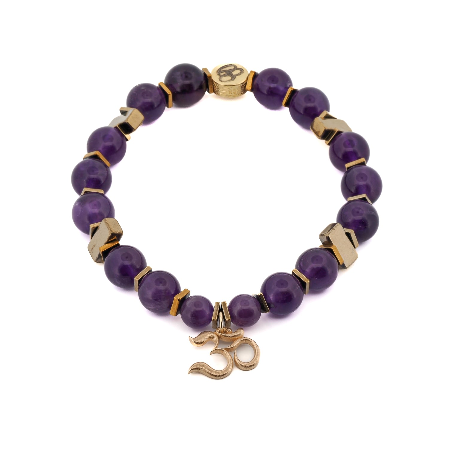 Women’s Gold / Pink / Purple Solid Gold Om Mantra Charm Healing Amethyst Stone Beaded Bracelet - Purple Ebru Jewelry