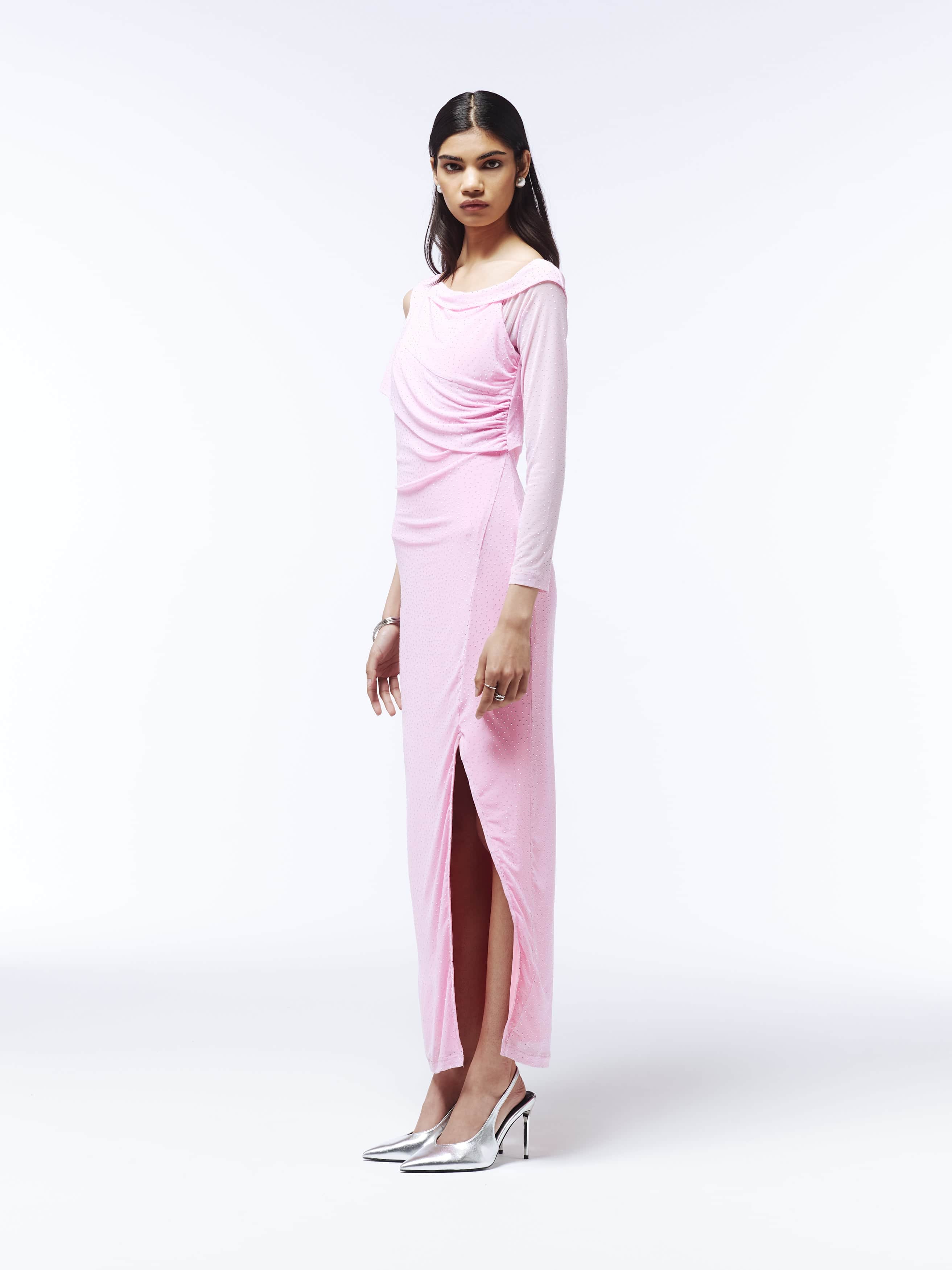 Asymmetric Rhinestone-Embellished Maxi Dress In Pale Pink | SOUR FIGS |  Wolf & Badger