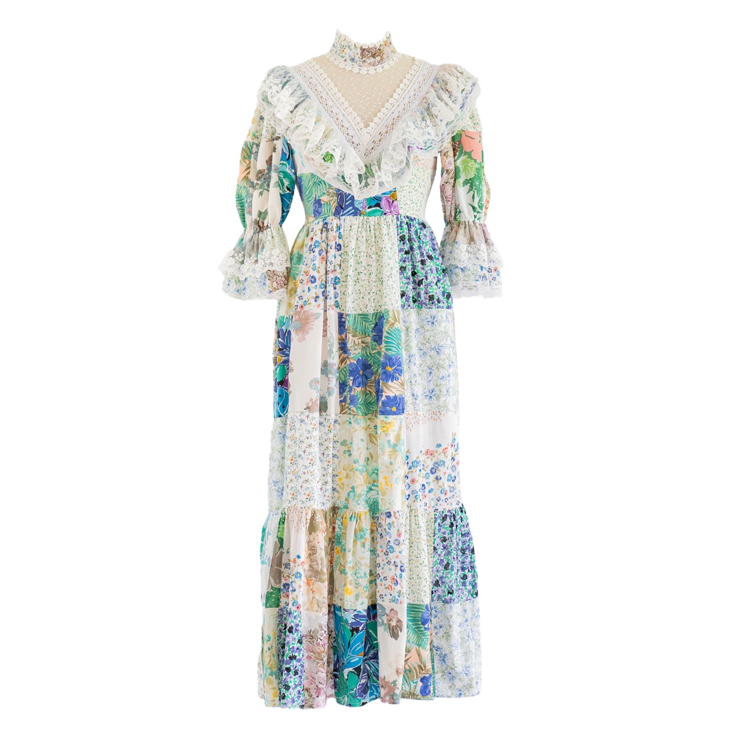 Sugar Cream Vintage Women's Re-design Upcycled Cotton White Botanical Patch Maxi Dress In White