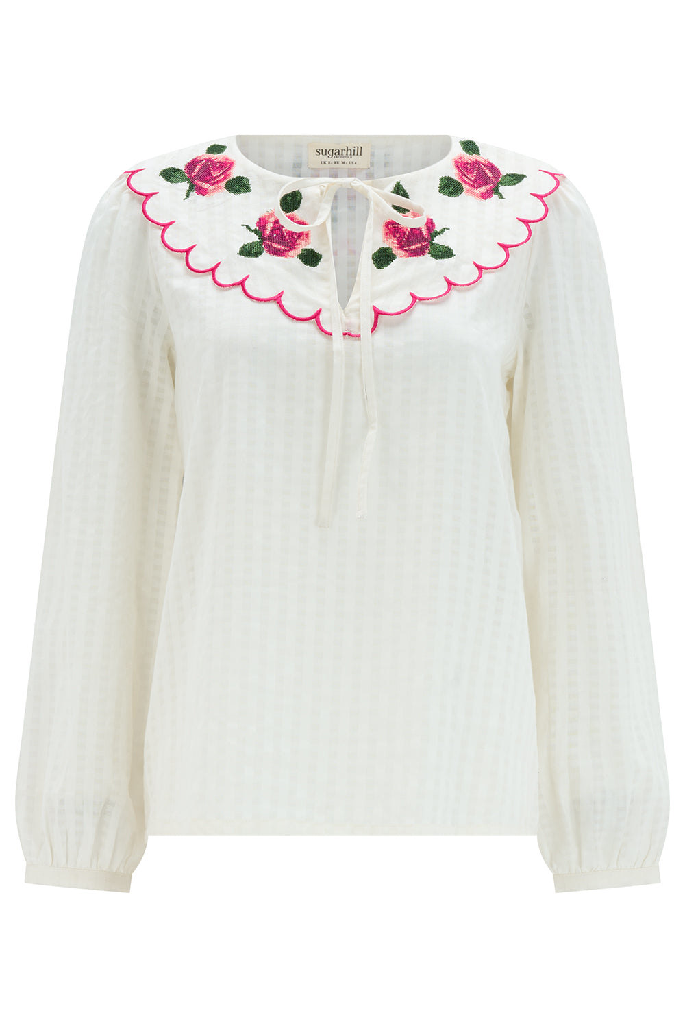 Sugarhill Brighton Women's Nessie Scallop Collar Blouse White Rose Embroidery