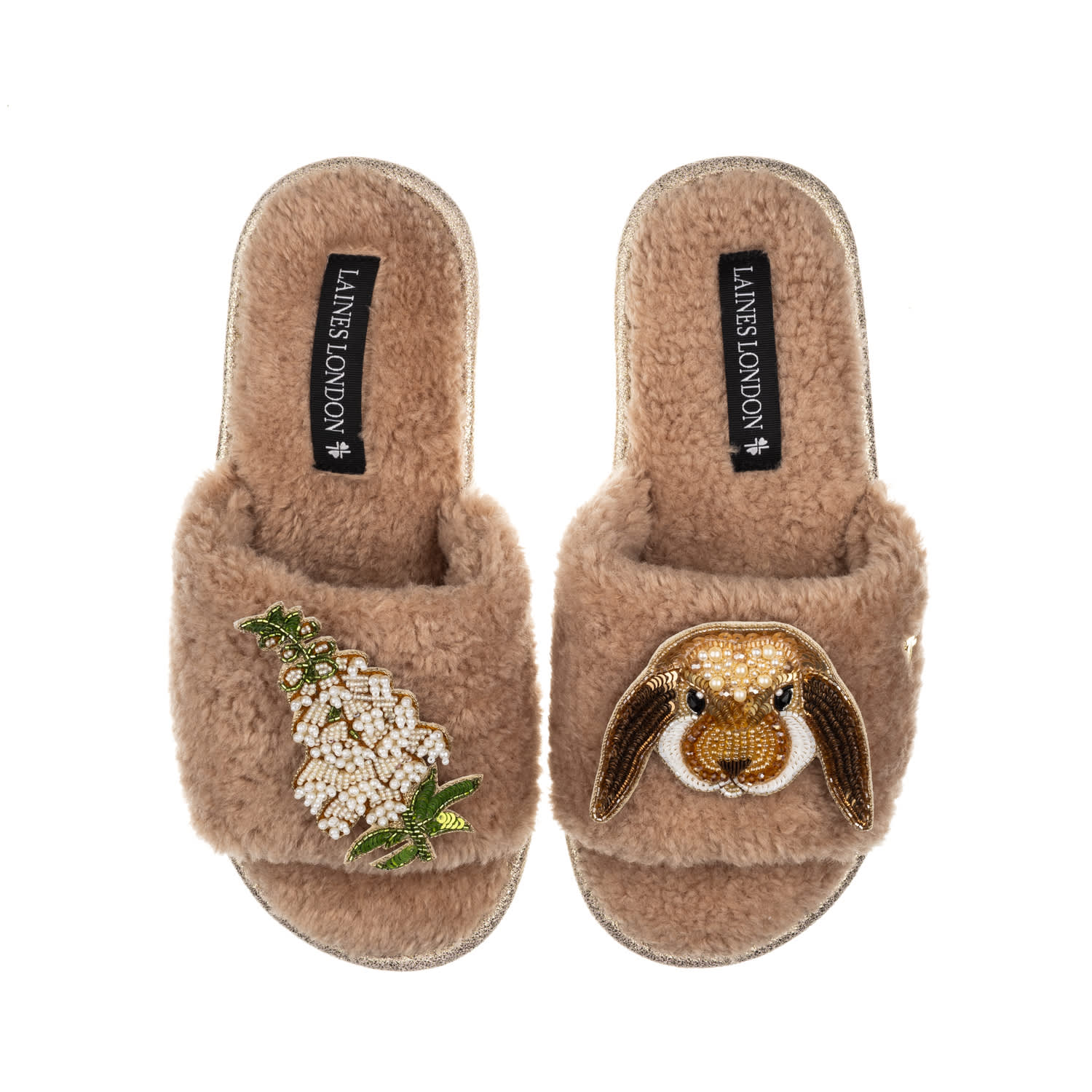 Laines London Women's Brown Teddy Toweling Slipper Sliders With Bunny & White Foxglove Flower Brooches - Toffee In Brown