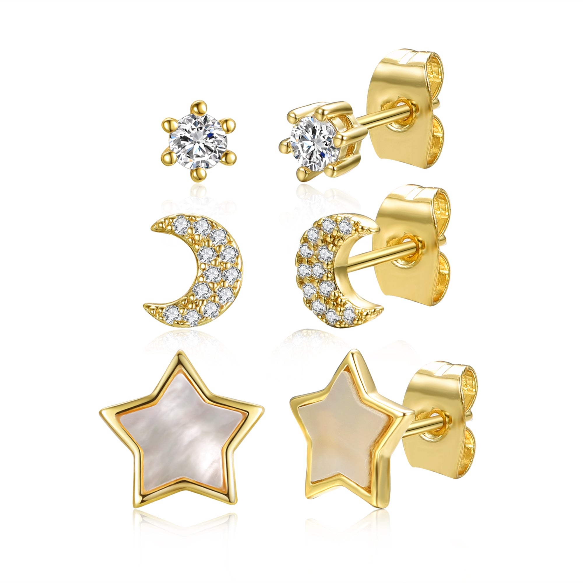 Women’s Gold / White Rachel Glauber Yellow Gold Plated With Mother Of Pearl & Diamond Cubic Zirconia Solitaire Star & Crescent Moon Astrological Zodiac Galaxy Three-Piece Stud Earrings Set Genevive Jewelry