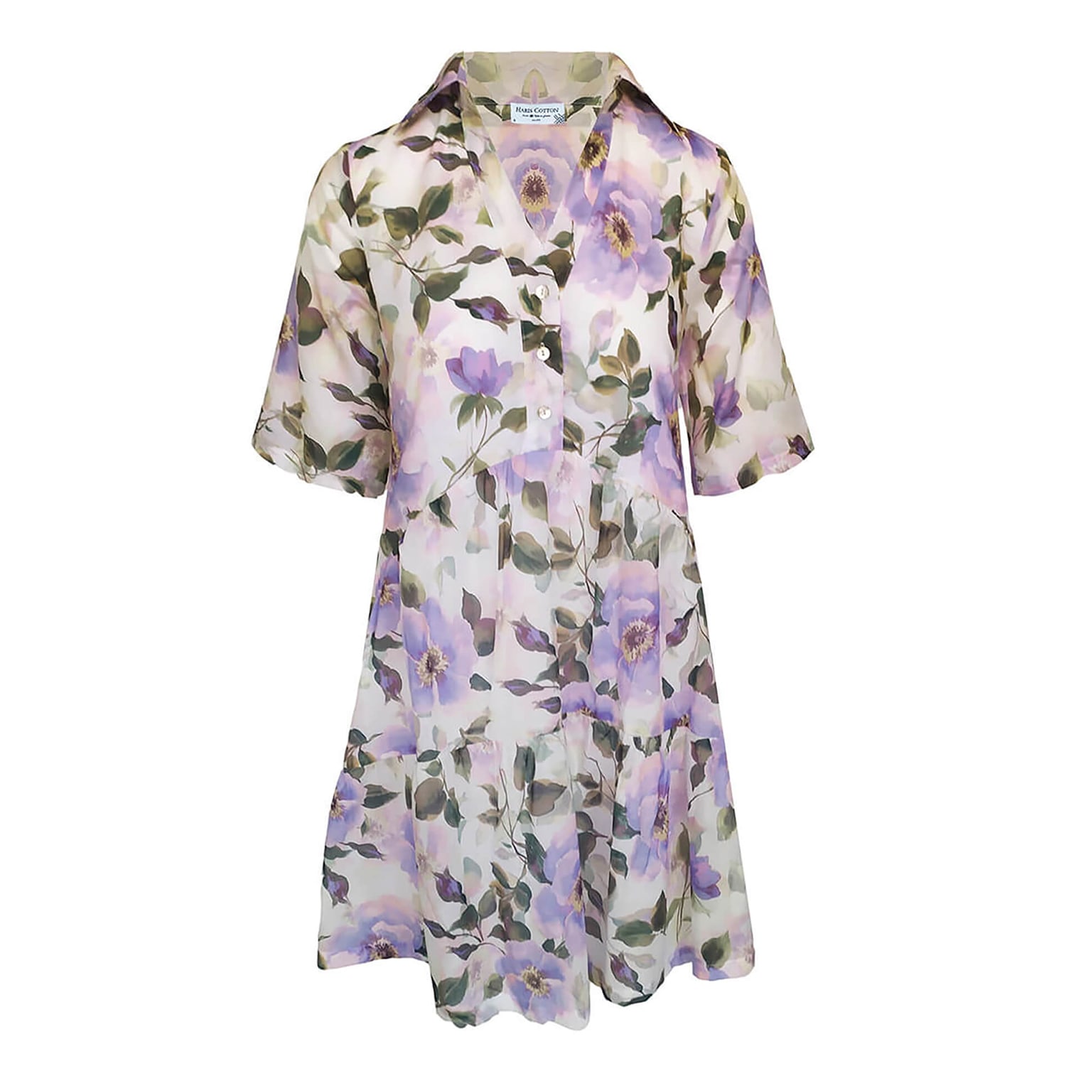 Haris Cotton Women's Printed Voile Cotton Short Shirt Dress - Purple Roses In Multi