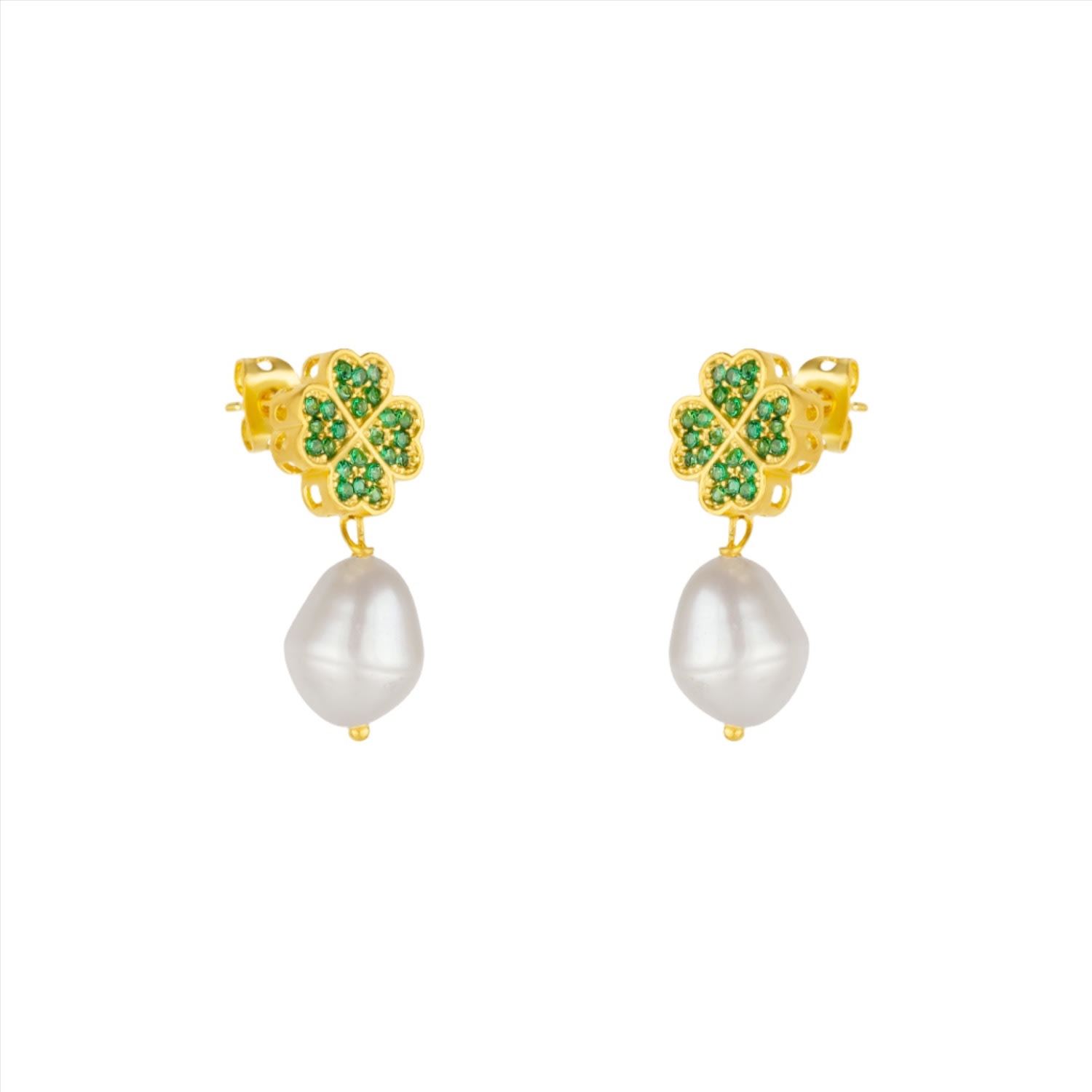 Mejoma Women's Gold / Green Four Leaves Clover Stud Pearl Drop Earrings In Gold With Green Gemstones In Multi
