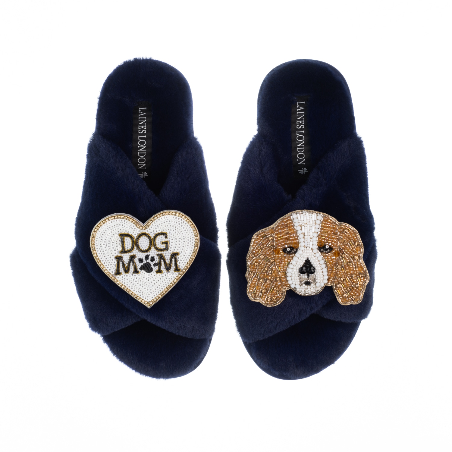 Laines London Blue Classic Laines Slippers With Lady The King Charles & Dog Mum / Mom Brooches - Navy In Black
