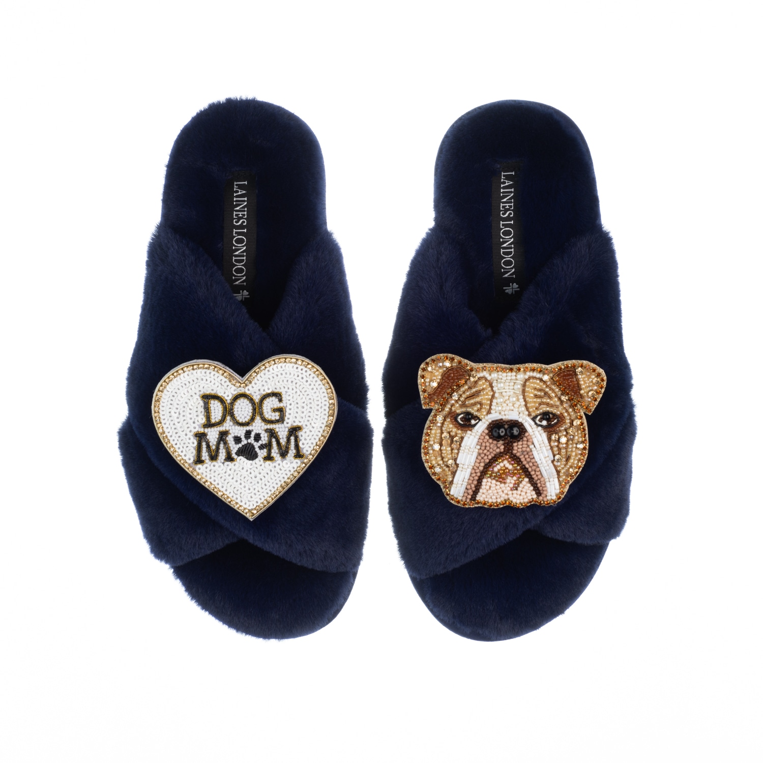 Women’s Blue Classic Laines Slippers With Mr Beefy & Dog Mum / Mom Brooches - Navy Small Laines London