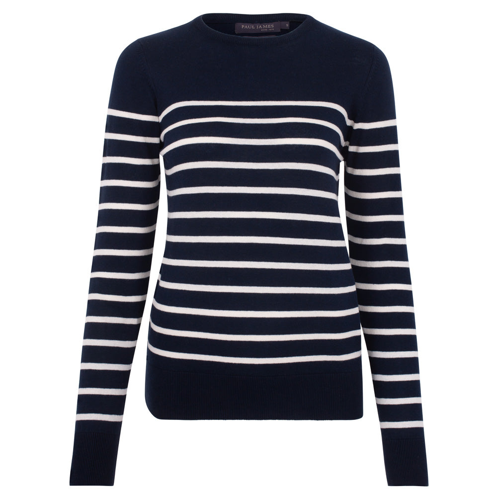 Blue Women’s Ultra-Fine Cotton Breton Tavia Crew Neck Jumper - Navy Medium Paul James Knitwear