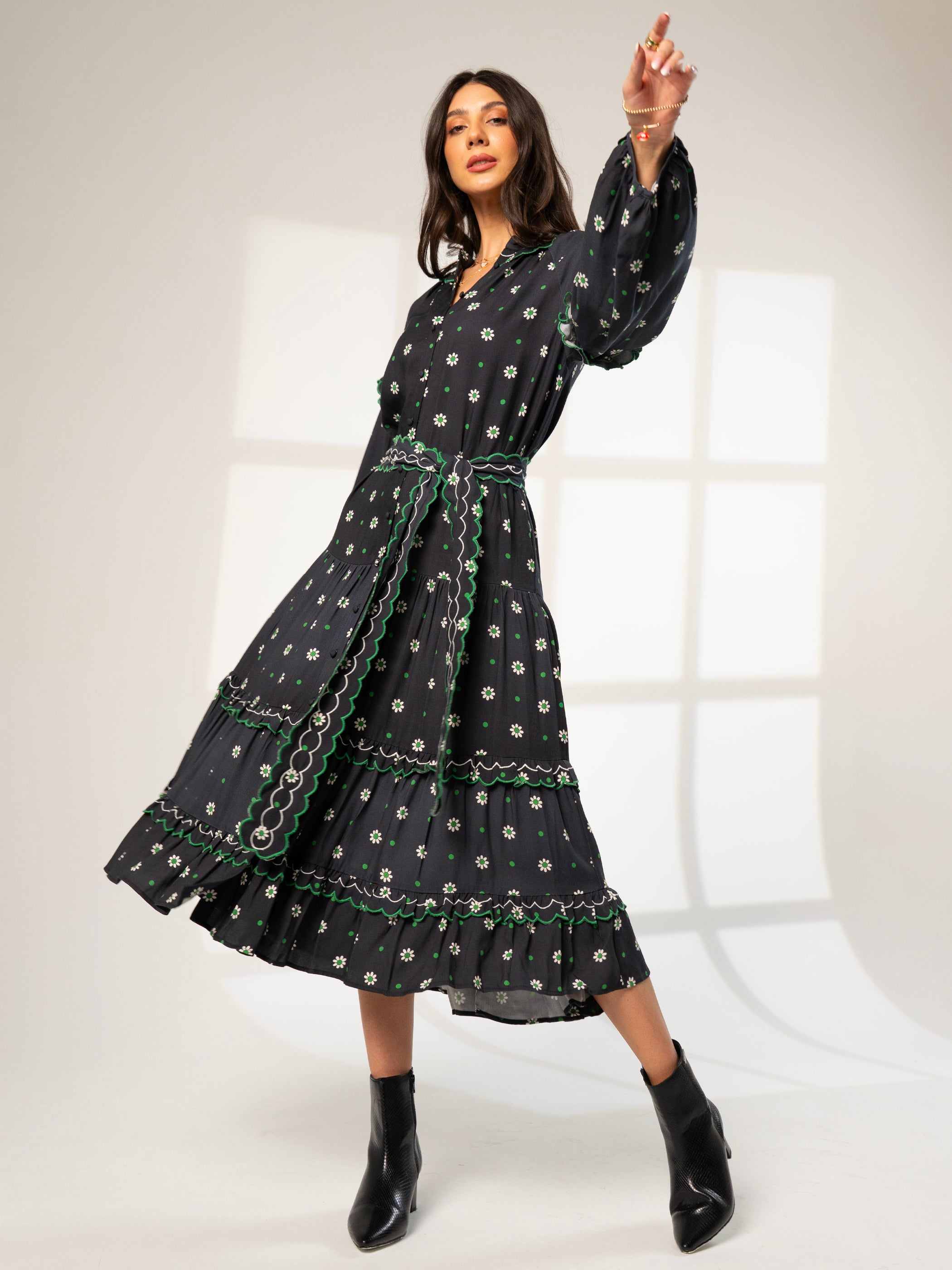 Joyce Black Daisy Polka Dot Midi Shirt Dress | Rose & Nancy | Wolf